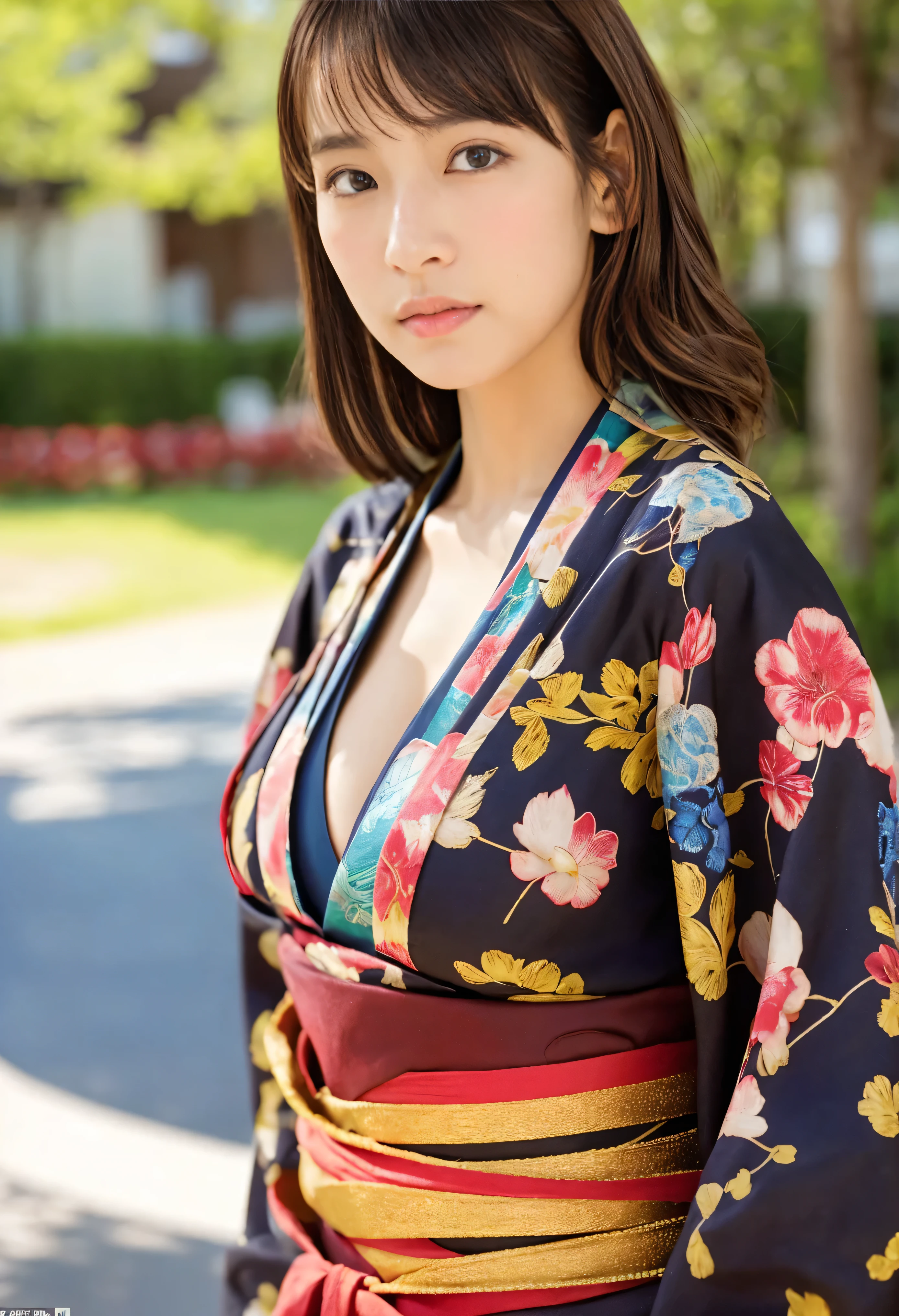 (( best quality , In 8K, ​masterpiece)),  sharp concentration :1.2,   pretty woman with perfect figure  :1.4,  slim abs :1.2, (( dark brown hair ,  Busty  :1.4)), ( は白いボタンアップシャツを着ています, Jean :1.1), Town Town :1.2,  high definition face and skin texture ,  detailed eyes,  double eyelid,a close up of a woman In kimono dress posing for a picture,  Japanese Goddesses , Japanese Models, Colossal ,Depicting cleavage , boobs, In kimono,   Japanese Women,,   Seductive Anime Girl, shoulders sticking out ,