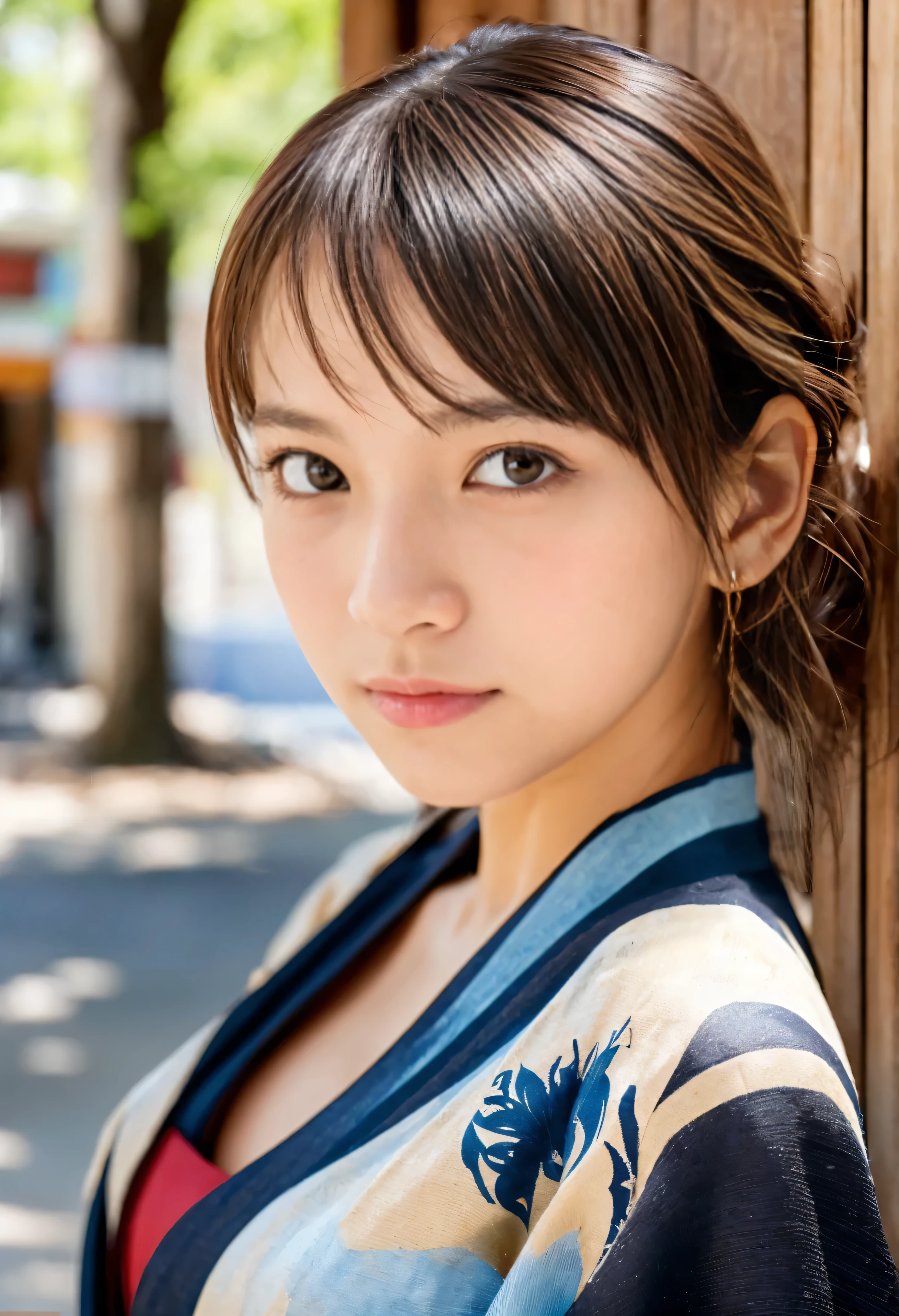 (( best quality , In 8K, ​masterpiece)),  sharp concentration :1.2,   pretty woman with perfect figure  :1.4,  slim abs :1.2, (( dark brown hair ,  Busty  :1.4)), ( は白いボタンアップシャツを着ています, Jean :1.1), Town Town :1.2,  high definition face and skin texture ,  detailed eyes,  double eyelid,a close up of a woman In kimono dress posing for a picture,  Japanese Goddesses , Japanese Models, Colossal ,Depicting cleavage , boobs, In kimono,   Japanese Women,,   Seductive Anime Girl, shoulders sticking out ,