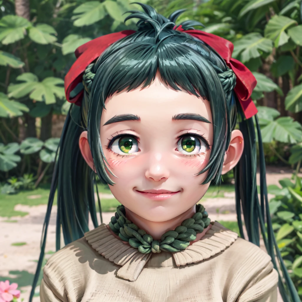 pkmnmallow, 1girl, solo, green eyes, green hair, long hair, low twintails, swept bangs, dark skin, dark-skinned female, green hairband, hair ornament, hair flower, pink flower, 
pink shirt, bare shoulders, sleeveless, overalls, shorts, 
smile,closed mouth,cowboy shot,upper body,
forest,outdoor,
(insanely detailed, beautiful detailed face, masterpiece, best quality) cinematic lighting,<lora:PKMN_Mallow_v1:1>, <lora:more_details:0.3>,