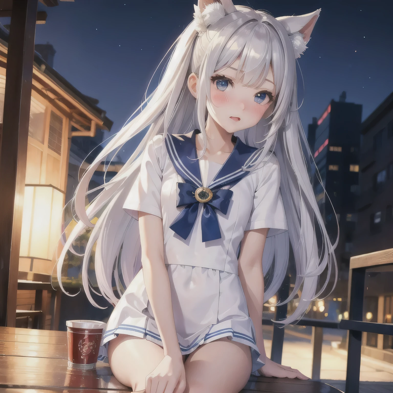 ((very detailed)),, (8K), highest quality, (beautiful),((table top)), ((highest quality)), beautiful女の子,************、Silky silver hair、slender body、small chest、high school girl、sailor suit、(super detailed), ((cute)), cute, (embarrassed look),outdoor、blurred background:1.5、Old two-story apartment、Onboro Apartment