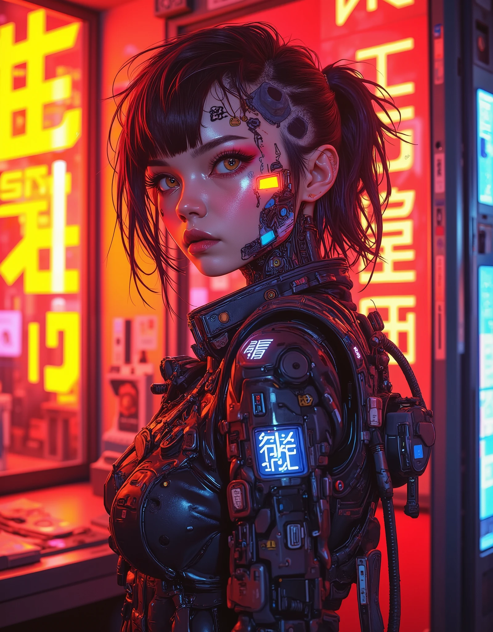 ((manga art style cowboy shot) of (perfect Asian cyberpunk girl))), ((dynamic pose)), ((LED lights)), (((extremely weird (punk hairstyle)))), ((manga drawing)), warm colours,  ((cinematic lighting)), perfect features, abstract beauty, near perfection, pure form, concept art, intricate detail, 8k post-production, High resolution, super Detail, trending on ArtStation, sharp focus, studio photos.