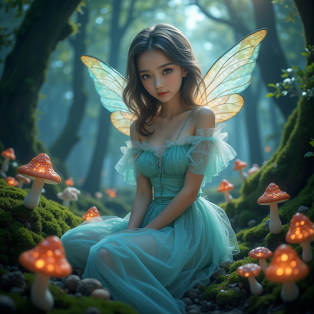 Close-up of a pretty fairy sitting on a tocon in a subrealistic landscape of a fairy tale. Digital painting, artstation, concept art, soft focus, sharp, illustration.