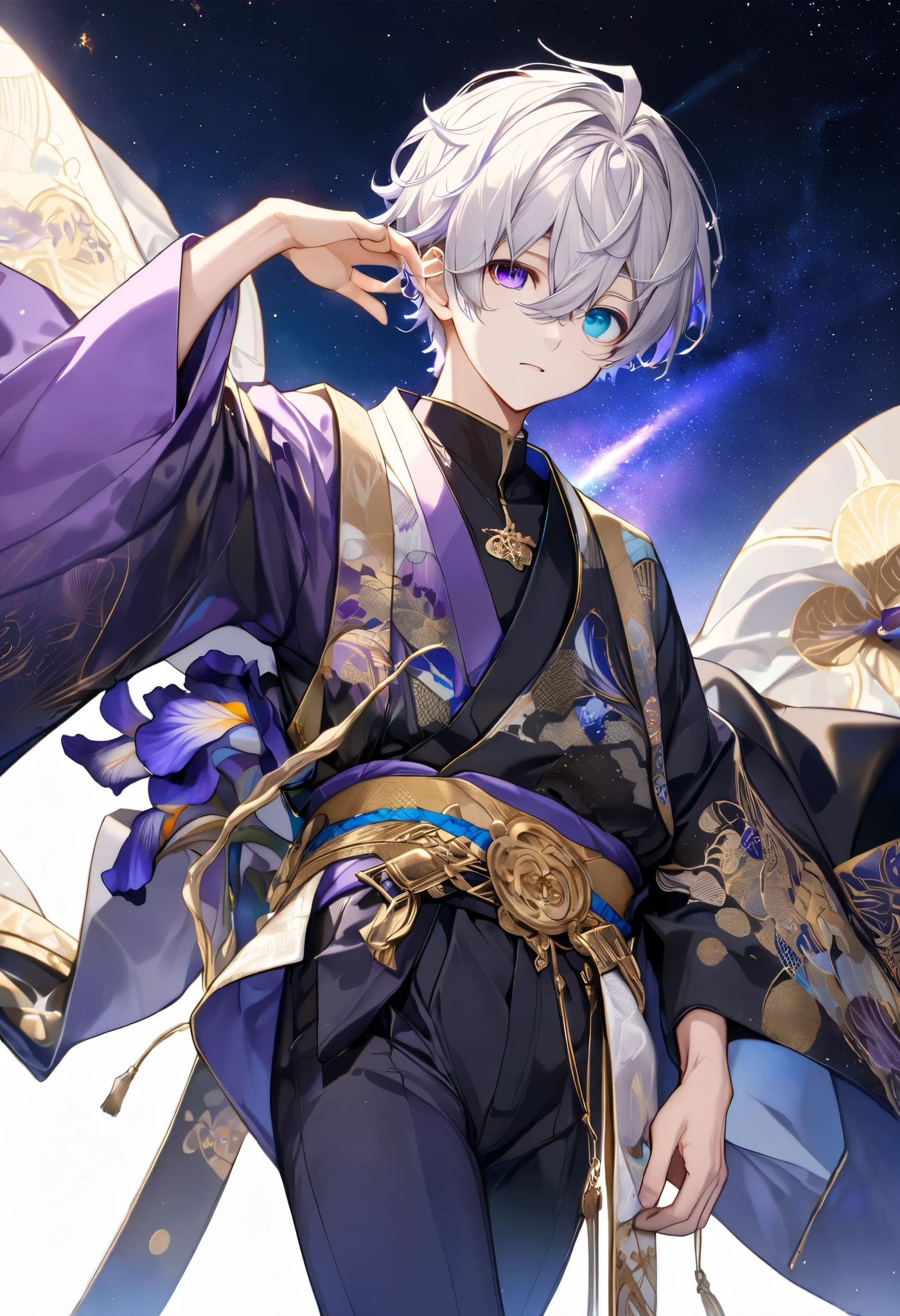  fresh illustration ,
Superfine painting,
 very delicate illustration ,
 Very fine details ,
Picture of only one boy ,
Height: 158cm,
(( standing)),
 white skin,
(((((The right iris is purple and the left iris is blue)))))
(((((Complete iris heterochromia ))))),
 beautiful eyes,
 large black pupils ,
 short hair,
Gray Hair,
 hair roots are bluish ,
 The hair has gradation ,
 shiny hair with makeup,
Beautiful and pretty face,
A small rear wheel that shines brightly floats above the head ,
 raised eyebrows ,
 and is wearing a kimono on the upper body in kimono,
Masculine physique,
 Six Pack,
 lower body Nadres ,
The color of the belt is black ,
Overall white clothes ,
 The design is tastefully embroidered with gold thread,
 fine fabric clothing ,
 jockstrap underwear ,
 white thigh strap ,
 white thigh strap は肌に食い込んでいる,
 white long boots,
 There are countless Japanese style ,
 number of fingers on the hands and feet ,
 thin waist,
 thin legs ,
Isometric,
Golden Ratio,
god々 like atmosphere,
 The undershirt is indigo-colored with a stand-up collar,
 outer space ,
Milky Way,
Little Star々 upper body ,
 tactical use of shadows ,
 rings of the head and hair do not stick out of the angle of view,
Clothes don't stick out of the angle of view ,
(( full shot)),