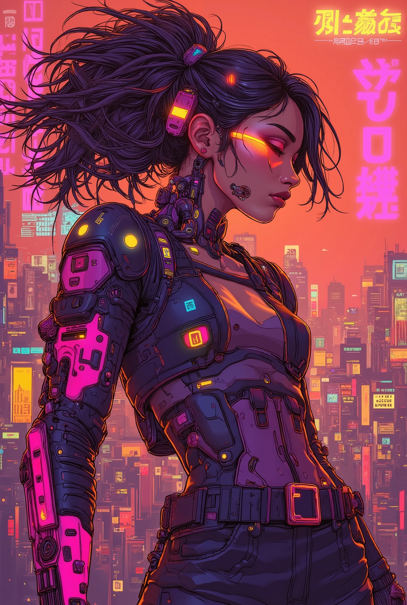 ((manga art style cowboy shot) of (perfect Asian cyberpunk girl))), (((dynamic pose))), ((LED lights)), (((extremely weird (punk hairstyle)))), ((manga drawing)), warm colours, ((cinematic lighting)), perfect features, abstract beauty, near perfection, pure form, concept art, intricate detail, 8k post-production, High resolution, super Detail, trending on ArtStation, sharp focus, studio photos.