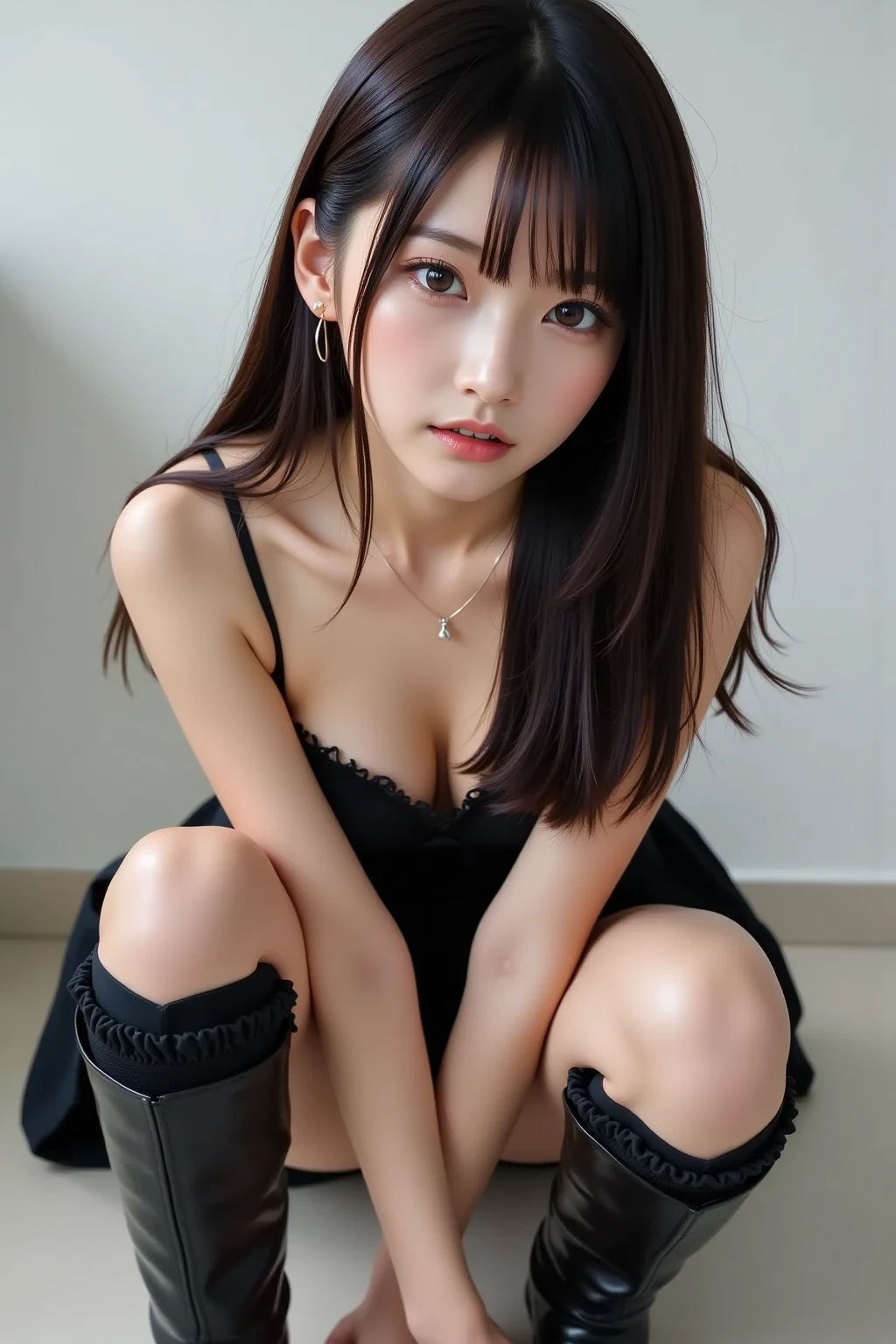 (((erectile nipple))), (((Pee on the floor:1.4))), (incontinence:1.47), (Urine on the floor:1.37), (makeup), beautiful small breasts, (bokeh dof), Outside the home, More Luxury Schools, (Small_Head), Gentle and charming beautiful goddess, Korea person(KPOP Idol), 独奏, (The areol), (cleavage of the breast), Underarm wrinkles, delicate and sexy(鎖骨:1.3), slick skin, neckless, Black-haired, the Long legs, shorth hair, oval-face, 双眼皮, smart, Hand position above knees、good feet、 natural(middlebreasts:1.25)、bareshoulders、(sheer fabrics)White camisole、 (Sit on the ground and squat)((open legs widely))、(spreads your legs)))、(female pubic-hair:1.35)、(From a downward angle)、(shinny skin:1.05)、((lowangle))、Perfect figure、(64k uhd、RDLT、Raw photography、beste-Qualit、шедевр:1.4)、(realisitic、photo- realistic:1.37)、superhighresolution、photon maping、 Radio City、physicallybased rendering、Professional Soft Writing、high heals、(SFW)、Sensual Woman、Open your mouth、A smile、close her eye、Use your hands to spread your knees