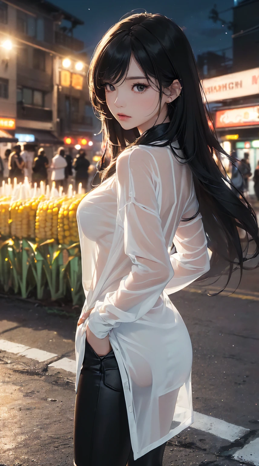 RAW photos, camera gaze, ((top quality, 8k, masterpiece: 1.3)), sharp focus: 1.2, white shirt, pretty features, best smile, cute smile, beautiful woman in perfect style: 1.4, slender abs: 1.2, dark brown hair, (natural light, city street: 1.1), highly detailed face and skin texture, detailed eyes, double eyelids