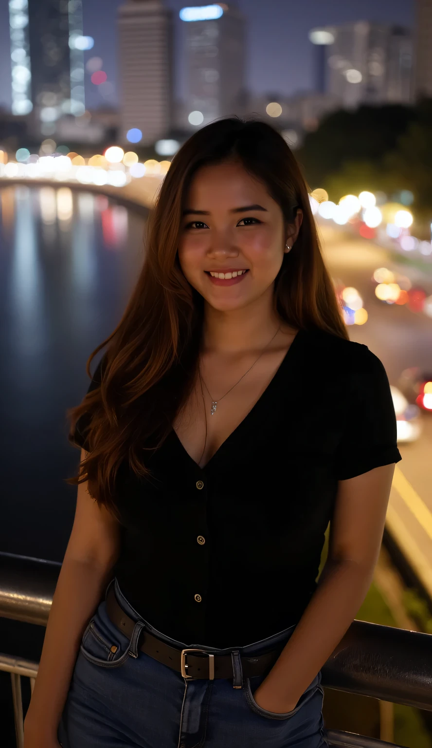 A beautiful indonesian female with long straight hairstyle,25 years old. indonesian face, highly detailed beautiful face and eyes, attractive face, charming face, Full body, curvy body, medium breasts, anatomically correct, long straight hair, brown hair. Wearing black shirt, jeans, necklace. Background overlooking a beautiful river and city at night, view from above. Standing on the edge of bridge, facing forward, Looking down with smile showing teeth. Ultra detailed body, highly detailed appearance, hyper quality image. Bokeh. Hyper resolution. Ultra high realistic image. 16k. Ultra detailed