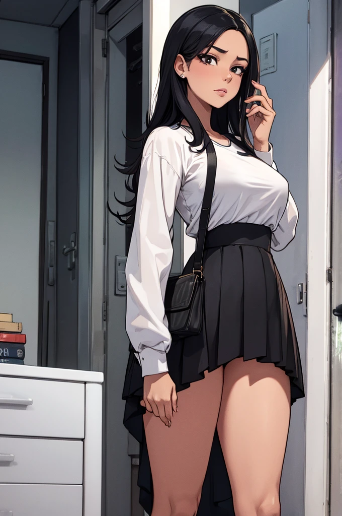 (highly saturated、colorful illustration:1.0)、(long perm hair、Black hair、bright skin:1.0)、(Beautiful slender legs:1.2)、1 girl, 24 Year old, game CG, Girl in  uniform, black skirt、put your hand on your waist、Morning standing on the train、(huge breasts:0.9)，rational movement，（（8K，masterpiece，realistic），（hyper detail)，ultra clear，nature，Vibrant cleavage all over the body，heavy chest，slender beautiful legs