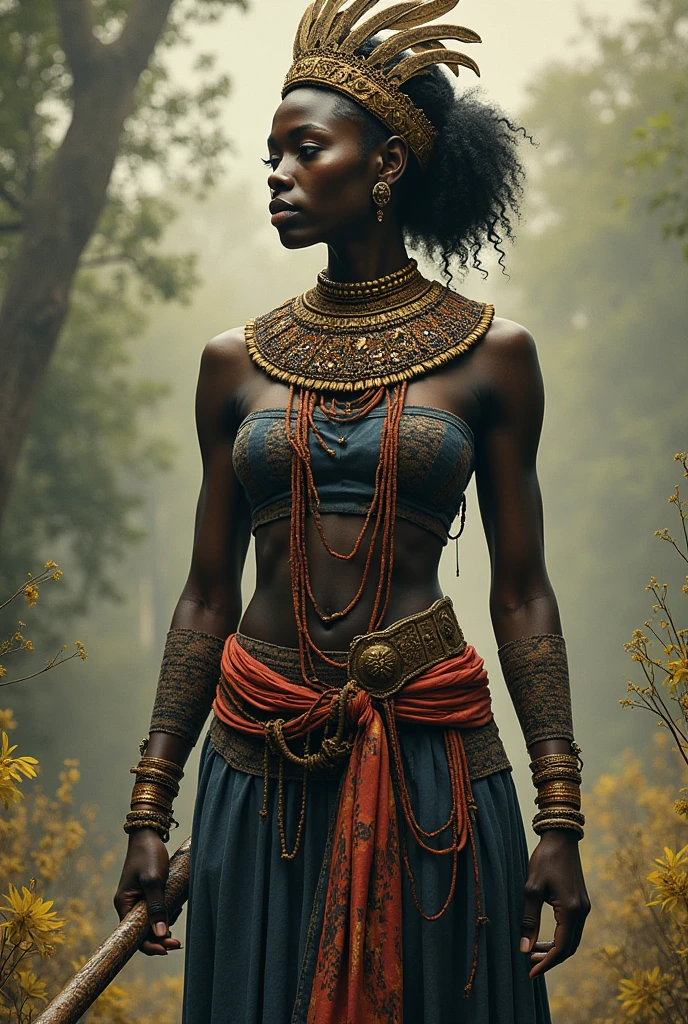 A black and warrior woman with characteristics of the revolt of evils, but with clothes from her time and in the shape of a doll for a box theater, full body