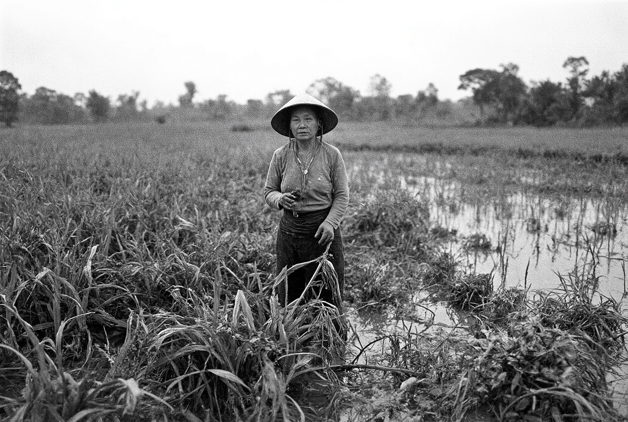 Professional photo in black and white, grayscale, ultrawide shot, Vietnamese peasant woman in a vast rice field, aged 50, expressive eyes, detailed fingers, wearing peasant clothes and a typical Vietnamese straw hat, rainy day, monsoon, flooded rice field, feet in the mud, lush vegetation, outdoor photo, natural light, Canon EOS R5 quality, Ilford HP5 400 Plus film, hyper realism, masterpiece --ar 4:5 --v 6 --stylize 500