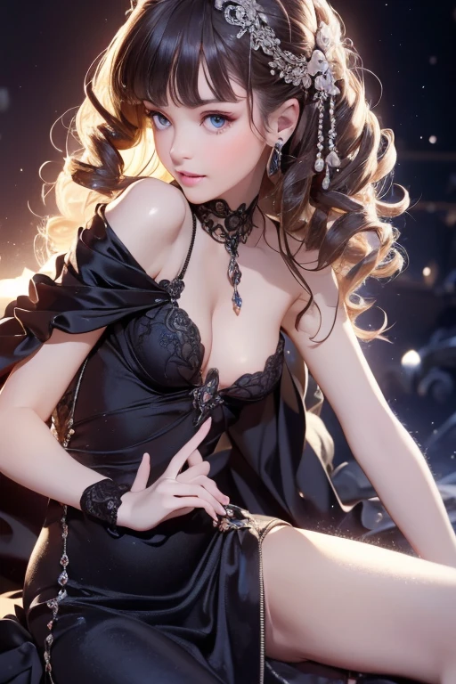 burlesque dance scene, wearing intricate corset with frills dress, lace stockings, beautiful cute burlesque dancer, (best quality,4k,8k,highres,masterpiece:1.2),ultra-detailed,(realistic,photorealistic,photo-realistic:1.37),captivating dance moves, graceful poses, sensual expressions, dramatic lighting, cinematic camera angles, rich colors, chiaroscuro lighting, glamorous stage, seductive atmosphere, mesmerizing performance, beautiful cute face and eyes, beautiful delicate longeyelash, so cute sensual face, face focus:1.4
