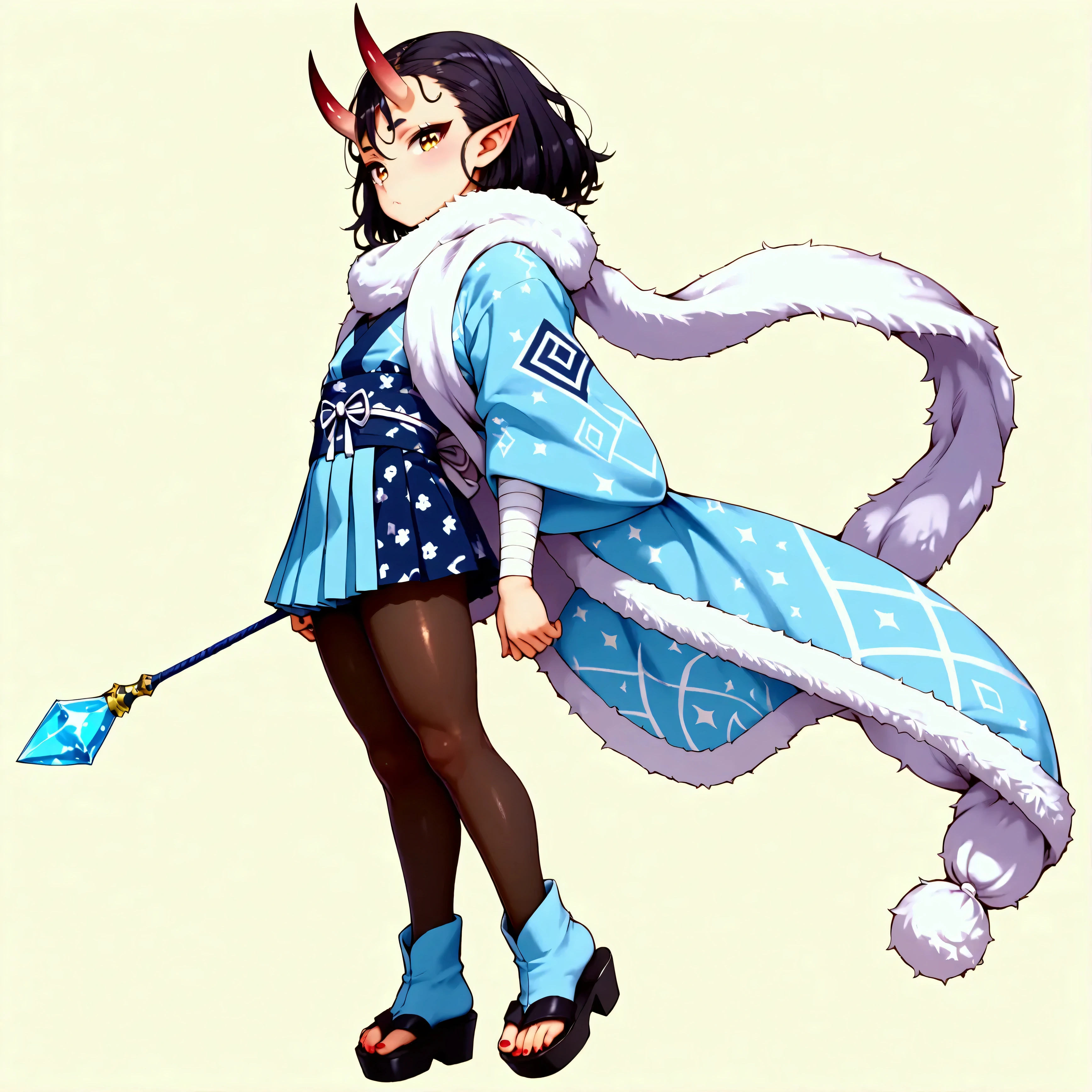 score_9, score_8_up, score_7_up, masterpiece, highest_quality, ultra_detailed, nsfw, absurdres, HDR, official_style, intricate_details, solo_boy_focus, boy is (japanese_shota_femboy, asra_kin, BREAK (hair_color_is_black, eyes_color_is_golden, pantyhose_color_is_white):1.5, BREAK (messy_hair, very_long_hair, forehead_bangs):1.5, (slant_eyes, close_set_thin_eyebrows, eye_liner), pointed_ears, oni_horns, flat_chest, thin_body, short_stature, male_bulge, (spider_pattern_clothes, spider_silk_clothes, kimono, bandaged_arms, hakama_microskirt, pantyhose, boots_sandals, fur_scarf), standing_pose):1.5, BREAK full_of_details, detailed_face, five_fingers, perfect_hands, perfect_fingers, gray_background