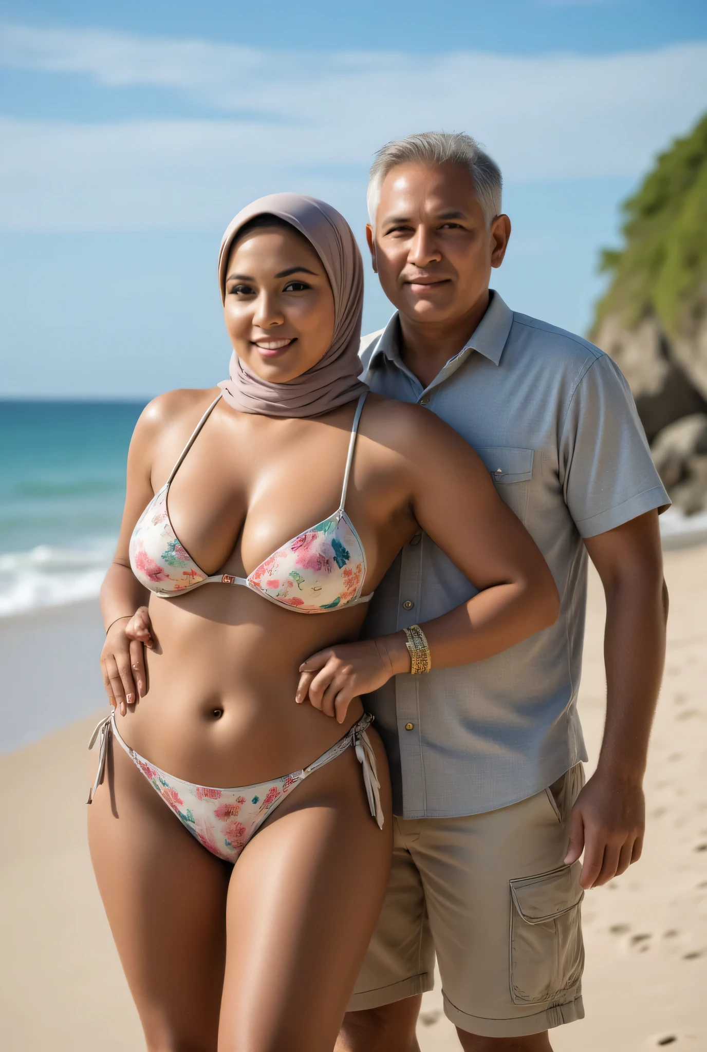 Indonesian hijab, beautiful face, 
in bikini, wide waisted, hugged by her old grandfather from behind, on the beach, beautiful view, 4k, hdr, high resolution.