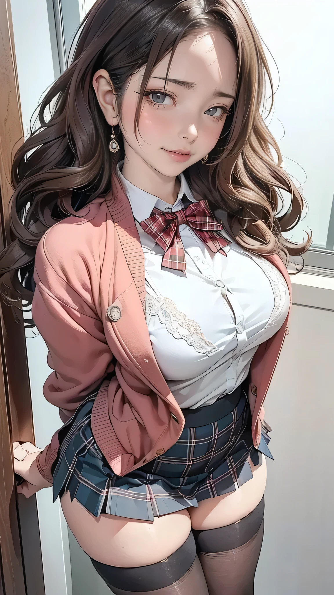 ((masutepiece, Best Quality, hight resolution, nffsw, Perfect Pixel, depth of fields, 4K, nffsw, nffsw))), 1girl in, Single, Solo, Beautiful anime girl, Beautiful Art Style, Anime Character, ((Long hair, Bangs, dark brown hair, Curly hair:0.8)), ((Green eyes:1.4, Detailed eyes, Beautiful eyes, Perfect eyes,Curly eyelashes, Realistic eyes)), ((Detailed face, Blushing:1.2)), ((Smooth texture:0.75, Realistic texture:0.5, Anime CG style)), medium breasts, Dynamic Angle, busty, Perfect body, Dynamic Pose, ((red bowtie, School uniform, Black jacket, Open jacket, Brown cardigan, White shirt, Black skirt, plaid skirts)), Smile, Open mouth, arms behind back, Leaning forward, Amulment Park, ((close up, POV, Cute, Shoot in the face)), meaty thighs, knee high stockings, white panty,Sheer bra, FULL BODYSHOT, low angle shot