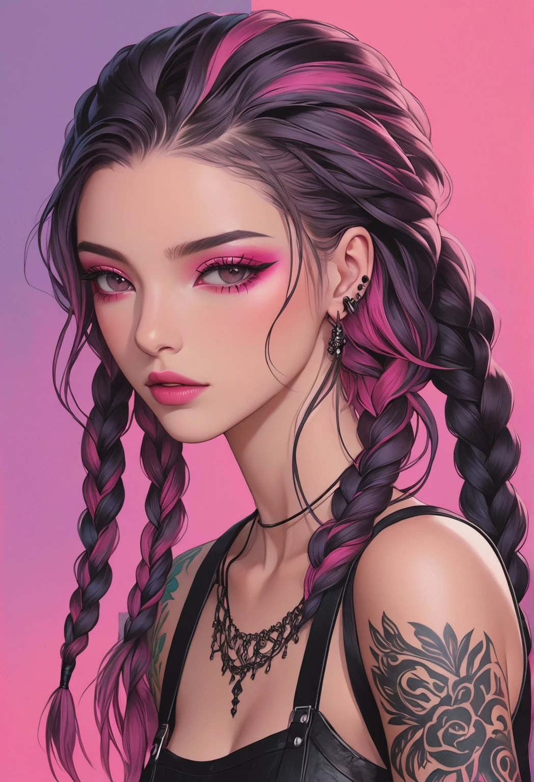 sexy woman, black braided hair, black t-shirt, close-up on face, glossy wet pink lips parted, flawless glowing skin, long beautiful neck