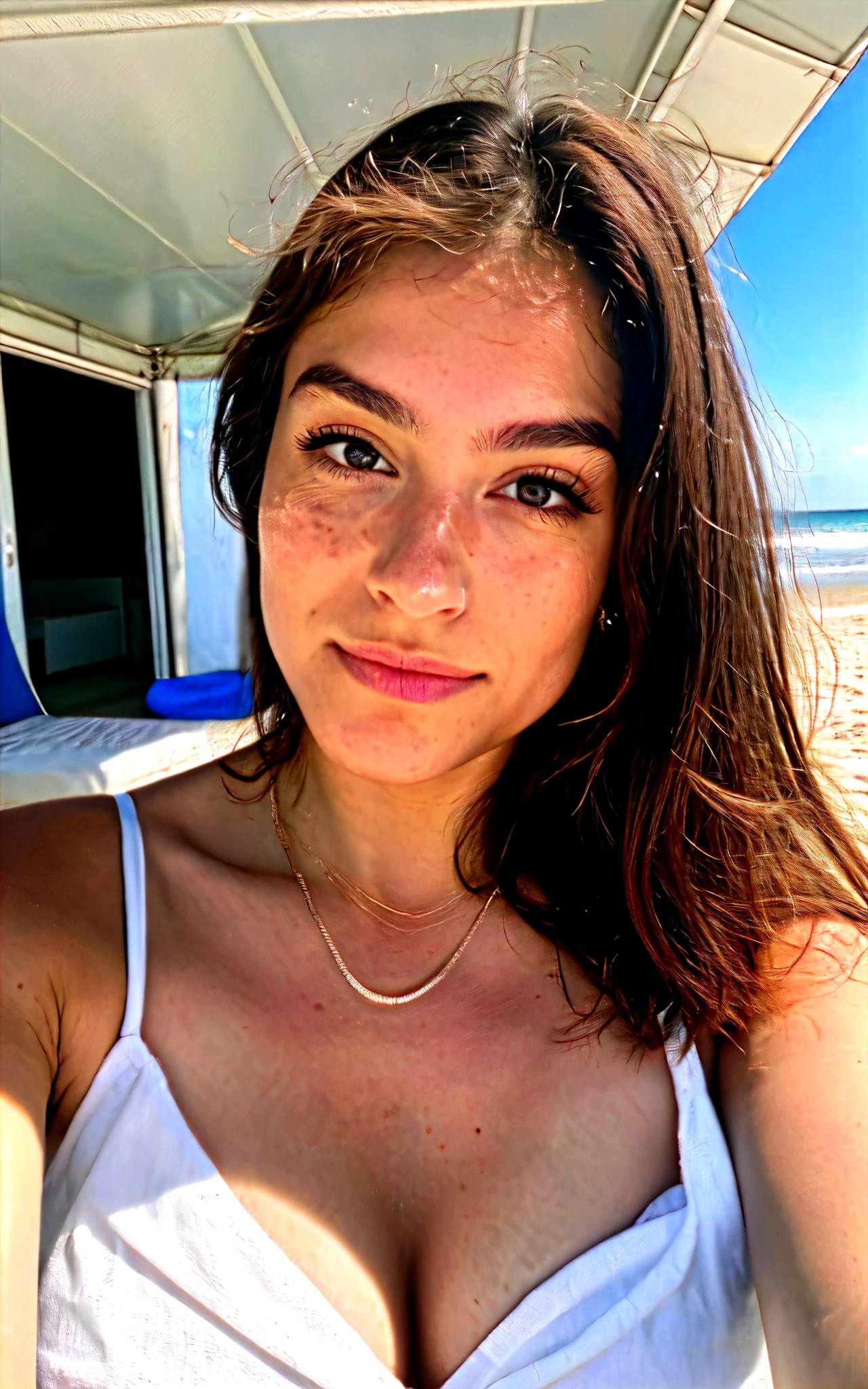 arafed woman in white tank top sitting on a chair with a cell phone, fish in the background, fish lense, wearing a fisher 🧥, fishlike, fish lens, sitting in front of a lake, 💋 💄 👠 👗, beach pic, youtube video screenshot, at the beach, lake in the background, at a beach, fish, fish face, Big tits, huge , no clothes, sexy, cute, minimal clothes, thick nipples, nipple piercings, large areola, hard nipples, piercing through shirt, nipples hard through shirt, busty, major cleavage, naked, ripping through top, spilling over sides, bra too tight, giant , upper body zoom in, showing off huge , see through top, large areola showing, cute, nipples poking out, huge naked tits