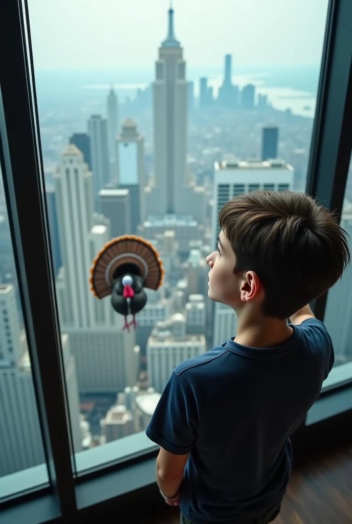 Boy in red and black on the terrace of a building in New York holding a camera, 8k uhd, dslr, alta qualidade