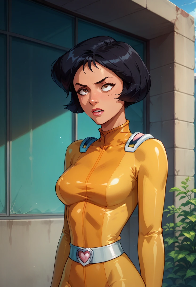 score_9, score_8_up, score_7_up, score_6_up,score_5_up,score_4_up, BREAK ,big breasts, 1girl, solo, score_9, score_8_up, score_7_up, BREAK, 1girl, solo, alex \(totally spies\), short hair, black hair, brown eyes, , yellow bodysuit, belt, outdoors, portrait,
