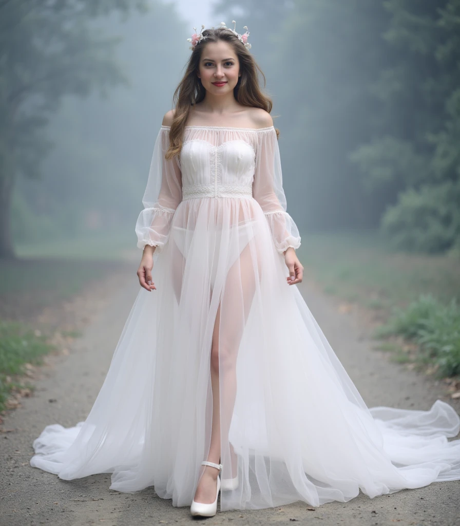ulzzang -6500-v1.1, (Raw photo:1.2), (Photorealsitic), (See-through:1.3), (Real:1.4), 1girl with、26 year old、game_nffsw, ((I keep my hair up and short))、(elegant long dress:1.3), (Ultra-realistic pantyhose:1.2), (high-heels:1.2), Turn around at the party venue、realistic skin textures、shinny skin、Exposed thighs!!! , make - up、