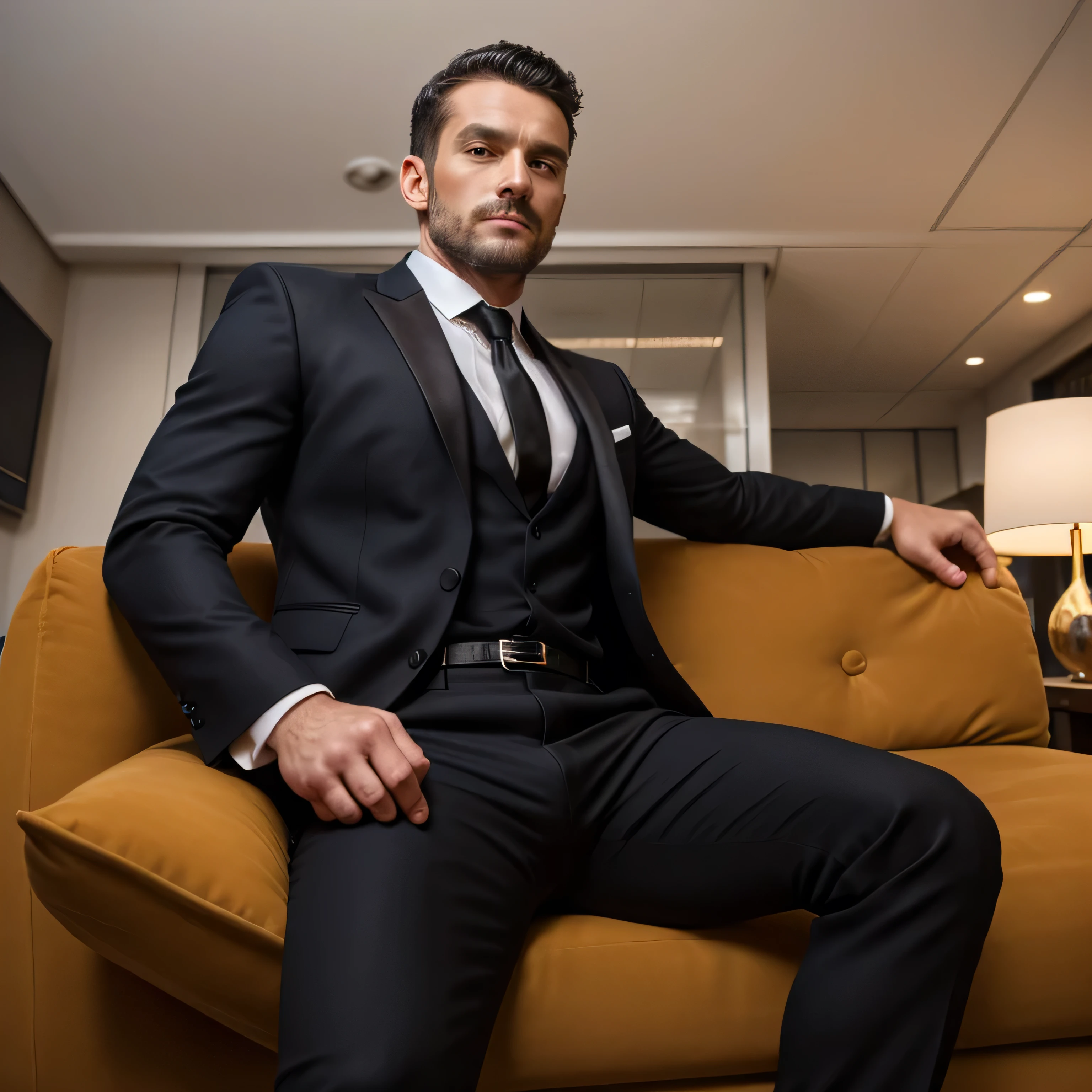 40 years old, One Man, black suit、 black tie、 black slim pants、office ,sofa、 black hair、Short Hair。 very short hair 、The handsome face of an American　 sit with your  、 Seen From Below。 upper body up　 black suit、 black tie、 black slim pants、Hermès belts