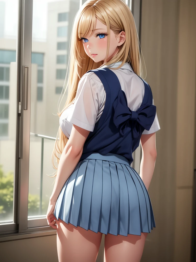 "A young girl with bright blonde pigtails and striking blue eyes stands confidently. She is 18 years old, wearing a crisp white school shirt paired with a light blue pleated skirt that falls just above her knees. Her expression is a mix of determination and curiosity. The scene is styled in a vibrant anime aesthetic, perfect for a visual novel setting."