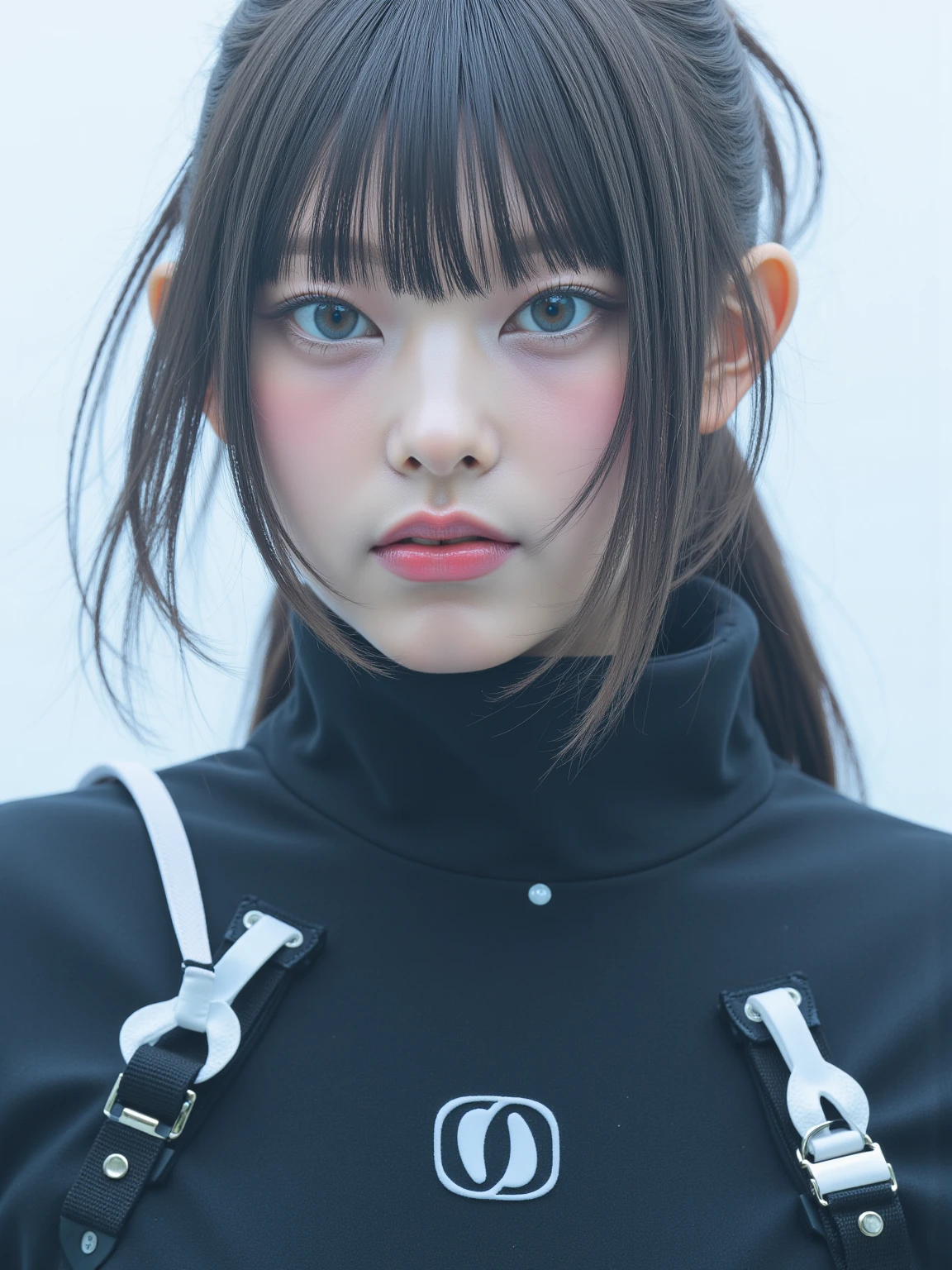 (:1.2), Masterpiece, best quality , realistic, a mysterious and sophisticated young woman with blue eyes 、 I need decorative ribbon-like elements made of the same material . 18 years or older, a Japanese girl climbing wide angles , Features a bold logo on a . In her outfit、 Includes black gear with multiple stretchy white harnesses underneath, Add a minimalist aesthetic. She wears futuristic accessories 、 technical sneakers . Her attitude exudes harmony and impressive simplicity , The garment hugs her body tightly., Accentuating her curves、Sensually digging into her skin, super small head and face , Wide duck mouth, Half-open mouth, Perfectly aligned teeth , Perfect beautiful teeth, pale blue eyes , I have my eyes half open , Shining drooping eyes, gray hair, Look for others, She is sensually delving into the futuristic colony , The fog is drifting、 With Steam Rising from Concrete