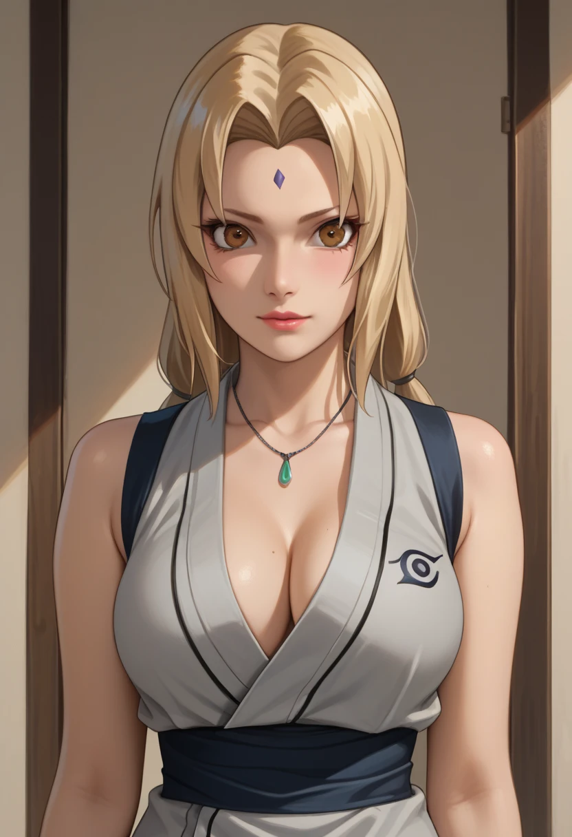highres, sharp focus, pixiv masterpiece, ((intricate details)), highly detailed,  upper body, 1girl, mature, blonde hair, blue forehead mark, sleeveless kimono, sash, tsunade_senju, 