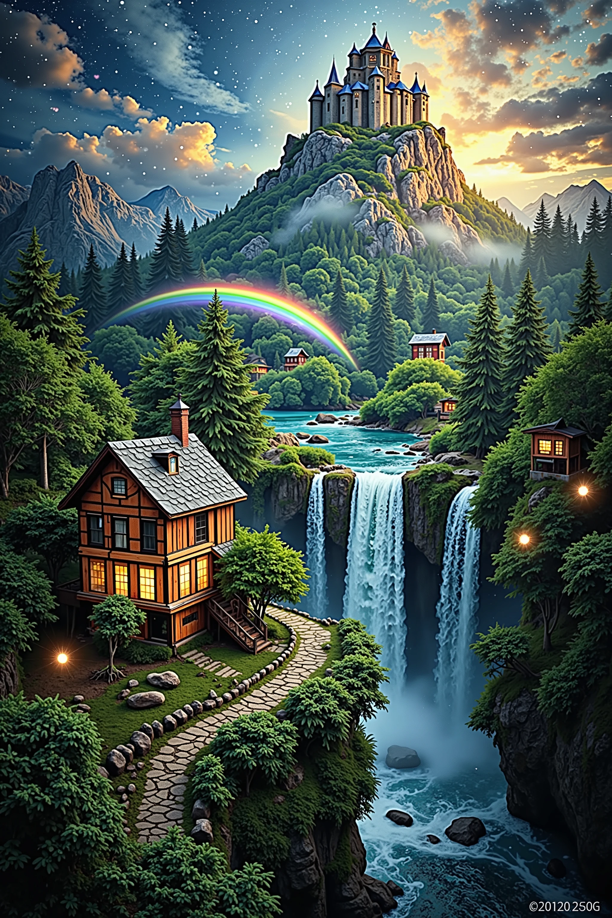 ((Masterpiece in maximum 16K resolution):1.6),((soft_color_photograpy:)1.5), ((Ultra-Detailed):1.4),((Movie-like still images and dynamic angles):1.3),((Wide cinematic lens):1.1). | ((Wide Cinematic shot of a magical dreamland):1.2), ((landscape filled with magical treehouses):1.1), ((cloud castle ):1.3), (wide cinematic lens), (tyndall effect), (waterfall and rainbow), (magical outdoor dress), (magical atmosphere), (shimmer), (visual experience) ,(Realism), (Realistic),award-winning graphics, dark shot, film grain, extremely detailed, Digital Art, rtx, Unreal Engine, scene concept anti glare effect, All captured with sharp focus. | Rendered in ultra-high definition with UHD and retina quality, this masterpiece ensures anatomical correctness and textured skin with super detail. With a focus on high quality and accuracy, this award-winning portrayal captures every nuance in stunning 16k resolution, immersing viewers in its lifelike depiction. | ((perfect_composition, perfect_design, perfect_layout, perfect_detail, ultra_detailed)), ((enhance_all, fix_everything)), More Detail, Enhance.