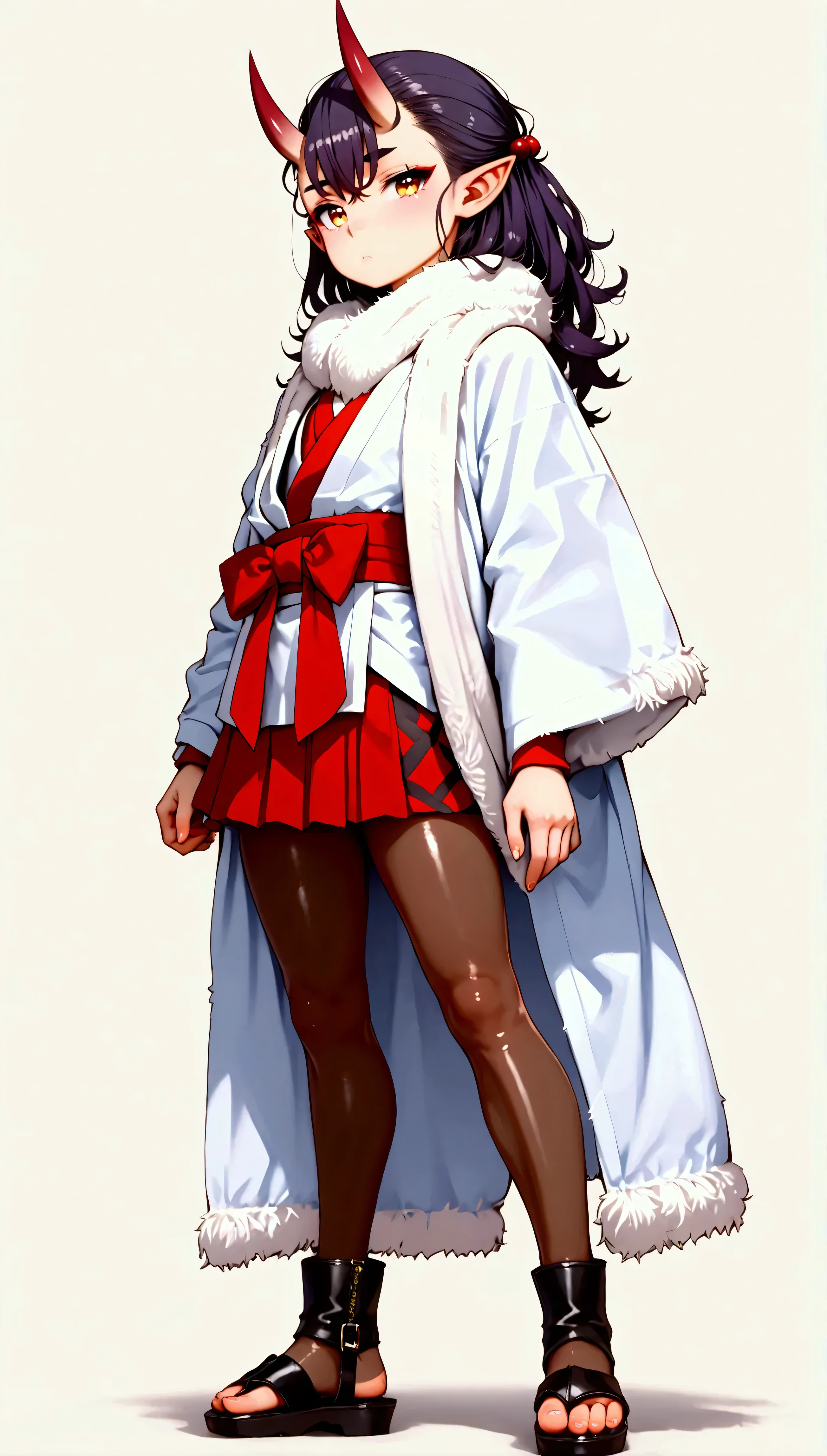 score_9, score_8_up, score_7_up, masterpiece, highest_quality, ultra_detailed, nsfw, absurdres, HDR, official_style, intricate_details, solo_boy_focus, boy is (japanese_shota_femboy, asra_kin, BREAK (hair_color_is_black, eyes_color_is_golden, pantyhose_color_is_white):1.5, BREAK (messy_hair, very_long_hair, forehead_bangs):1.5, (slant_eyes, close_set_thin_eyebrows, eye_liner), pointed_ears, oni_horns, flat_chest, thin_body, short_stature, male_bulge, (spider_pattern_clothes, spider_silk_clothes, kimono, bandaged_arms, hakama_microskirt, pantyhose, boots_sandals, fur_scarf), standing_pose):1.5, BREAK full_of_details, detailed_face, five_fingers, perfect_hands, perfect_fingers, gray_background