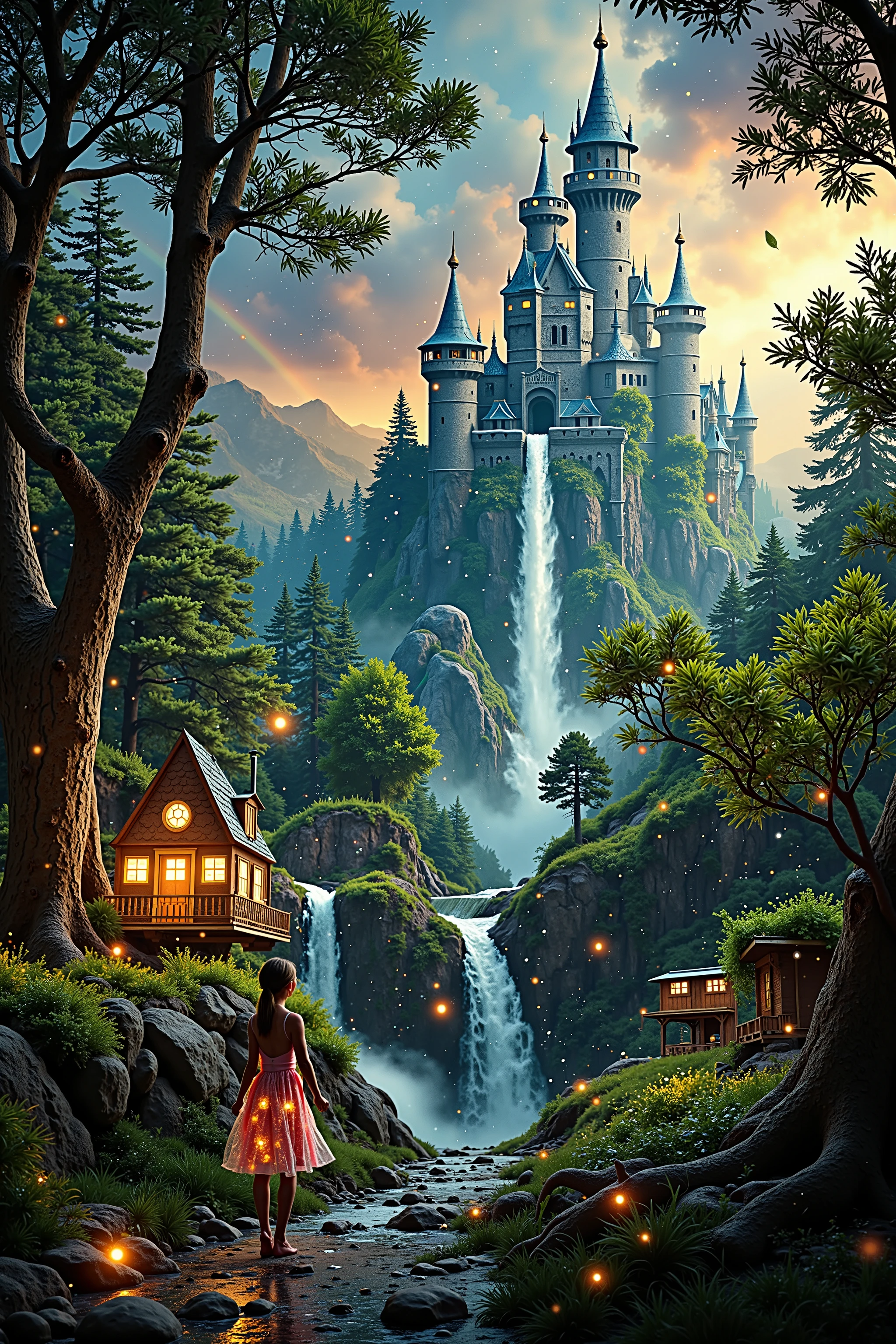 ((Masterpiece in maximum 16K resolution):1.6),((soft_color_photograpy:)1.5), ((Ultra-Detailed):1.4),((Movie-like still images and dynamic angles):1.3),((Wide cinematic lens):1.1). | ((Wide Cinematic shot of a magical dreamland):1.2), ((landscape filled with magical treehouses):1.1), ((cloud castle ):1.3), (wide cinematic lens), (tyndall effect), (waterfall and rainbow), (magical outdoor dress), (magical atmosphere), (shimmer), (visual experience) ,(Realism), (Realistic),award-winning graphics, dark shot, film grain, extremely detailed, Digital Art, rtx, Unreal Engine, scene concept anti glare effect, All captured with sharp focus. | Rendered in ultra-high definition with UHD and retina quality, this masterpiece ensures anatomical correctness and textured skin with super detail. With a focus on high quality and accuracy, this award-winning portrayal captures every nuance in stunning 16k resolution, immersing viewers in its lifelike depiction. | ((perfect_composition, perfect_design, perfect_layout, perfect_detail, ultra_detailed)), ((enhance_all, fix_everything)), More Detail, Enhance. 