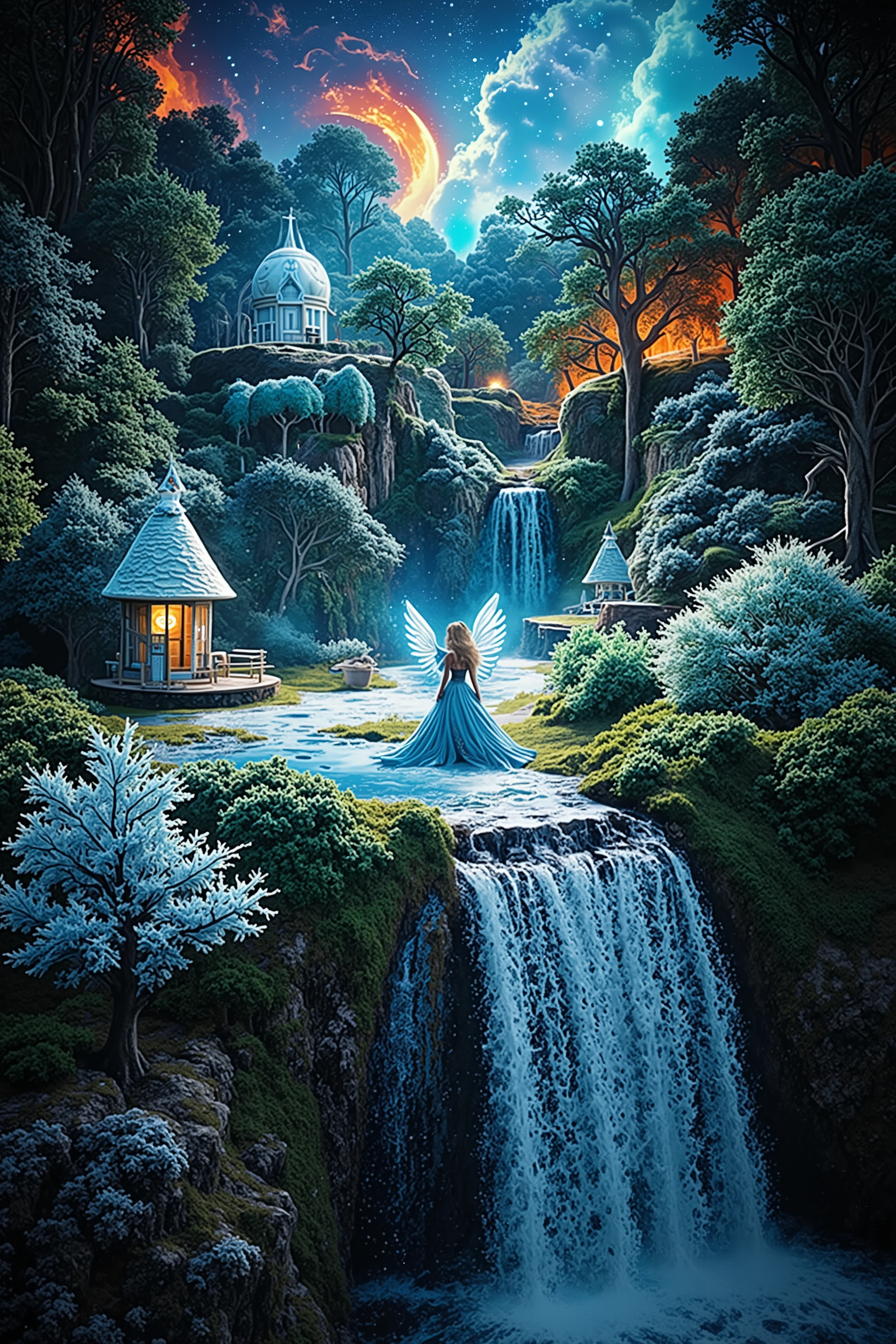 ((Masterpiece in maximum 16K resolution):1.6),((soft_color_photograpy:)1.5), ((Ultra-Detailed):1.4),((Movie-like still images and dynamic angles):1.3),((Wide cinematic lens):1.1). | ((Wide Cinematic shot of a magical dreamland):1.2), ((landscape filled with magical treehouses):1.1), ((cloud castle ):1.3), (wide cinematic lens), (tyndall effect), (waterfall and rainbow), (magical outdoor dress), (magical atmosphere), (shimmer), (visual experience) ,(Realism), (Realistic),award-winning graphics, dark shot, film grain, extremely detailed, Digital Art, rtx, Unreal Engine, scene concept anti glare effect, All captured with sharp focus. | Rendered in ultra-high definition with UHD and retina quality, this masterpiece ensures anatomical correctness and textured skin with super detail. With a focus on high quality and accuracy, this award-winning portrayal captures every nuance in stunning 16k resolution, immersing viewers in its lifelike depiction. | ((perfect_composition, perfect_design, perfect_layout, perfect_detail, ultra_detailed)), ((enhance_all, fix_everything)), More Detail, Enhance.