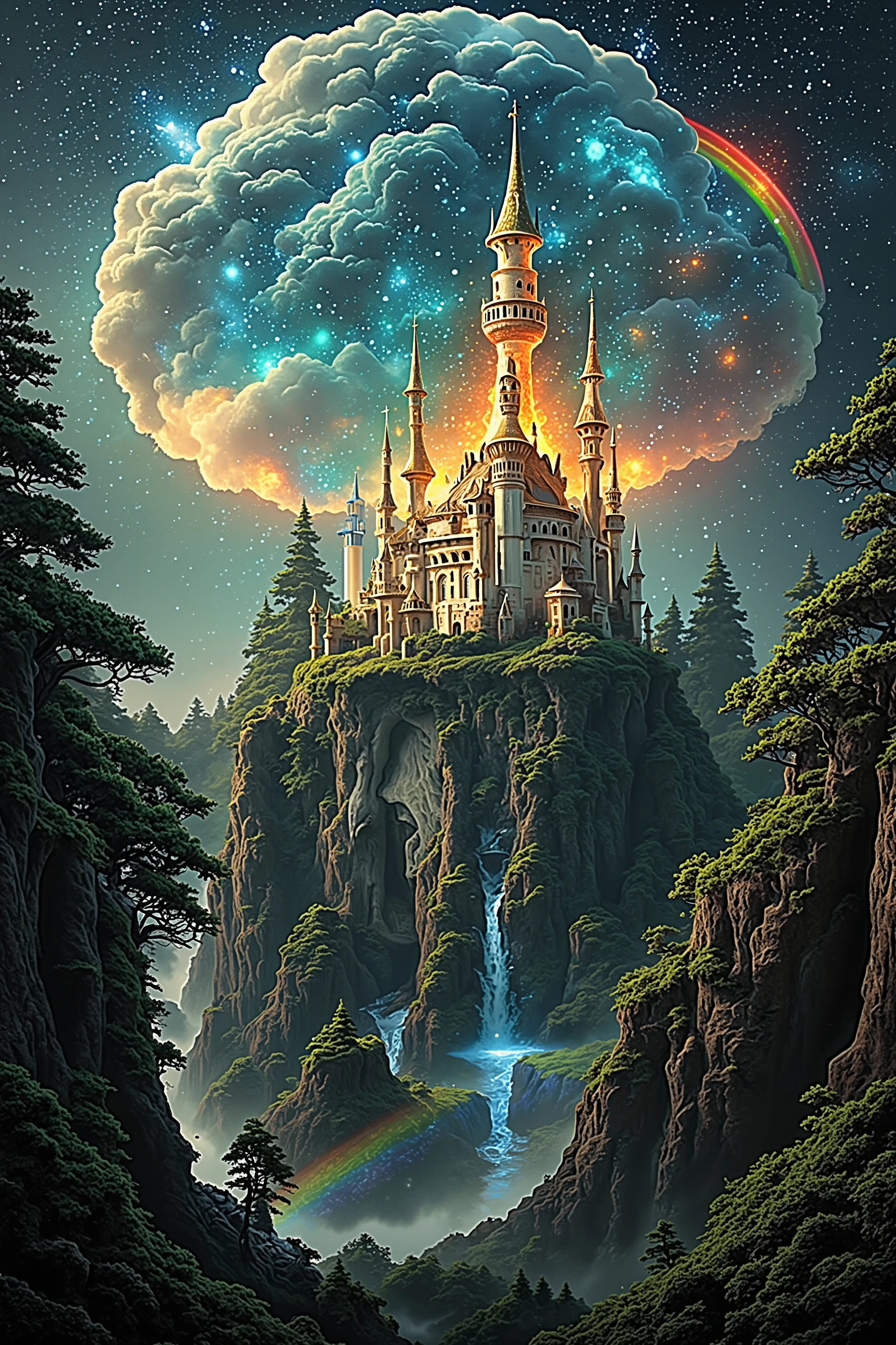 ((Masterpiece in maximum 16K resolution):1.6),((soft_color_photograpy:)1.5), ((Ultra-Detailed):1.4),((Movie-like still images and dynamic angles):1.3),((Wide cinematic lens):1.1). | ((Wide Cinematic shot of a magical dreamland):1.2), ((landscape filled with magical treehouses):1.1), ((cloud castle ):1.3), (wide cinematic lens), (tyndall effect), (waterfall and rainbow), (magical outdoor dress), (magical atmosphere), (shimmer), (visual experience) ,(Realism), (Realistic),award-winning graphics, dark shot, film grain, extremely detailed, Digital Art, rtx, Unreal Engine, scene concept anti glare effect, All captured with sharp focus. | Rendered in ultra-high definition with UHD and retina quality, this masterpiece ensures anatomical correctness and textured skin with super detail. With a focus on high quality and accuracy, this award-winning portrayal captures every nuance in stunning 16k resolution, immersing viewers in its lifelike depiction. | ((perfect_composition, perfect_design, perfect_layout, perfect_detail, ultra_detailed)), ((enhance_all, fix_everything)), More Detail, Enhance. 