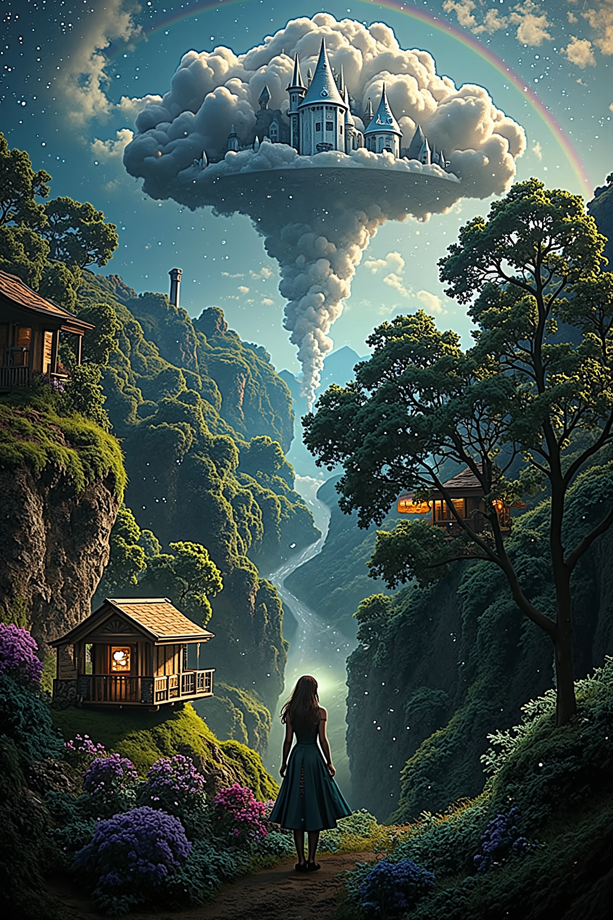 ((Masterpiece in maximum 16K resolution):1.6),((soft_color_photograpy:)1.5), ((Ultra-Detailed):1.4),((Movie-like still images and dynamic angles):1.3),((Wide cinematic lens):1.1). | ((Wide Cinematic shot of a magical dreamland):1.2), ((landscape filled with magical treehouses):1.1), ((cloud castle ):1.3), (wide cinematic lens), (tyndall effect), (waterfall and rainbow), (magical outdoor dress), (magical atmosphere), (shimmer), (visual experience) ,(Realism), (Realistic),award-winning graphics, dark shot, film grain, extremely detailed, Digital Art, rtx, Unreal Engine, scene concept anti glare effect, All captured with sharp focus. | Rendered in ultra-high definition with UHD and retina quality, this masterpiece ensures anatomical correctness and textured skin with super detail. With a focus on high quality and accuracy, this award-winning portrayal captures every nuance in stunning 16k resolution, immersing viewers in its lifelike depiction. | ((perfect_composition, perfect_design, perfect_layout, perfect_detail, ultra_detailed)), ((enhance_all, fix_everything)), More Detail, Enhance.