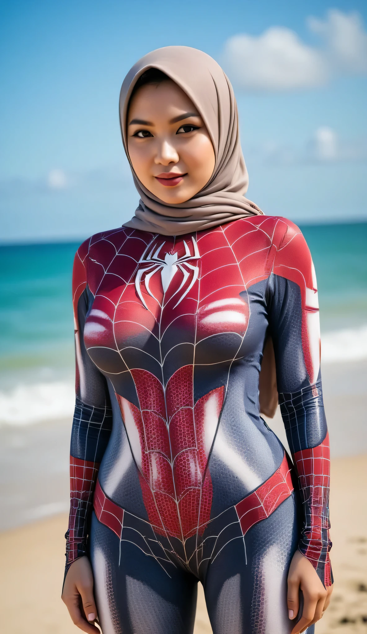 Indonesian hijab, beautiful face,
tight spiderman costume, big breasts, wide waisted, by the beach, beautiful view, 4k, hdr, high resolution.