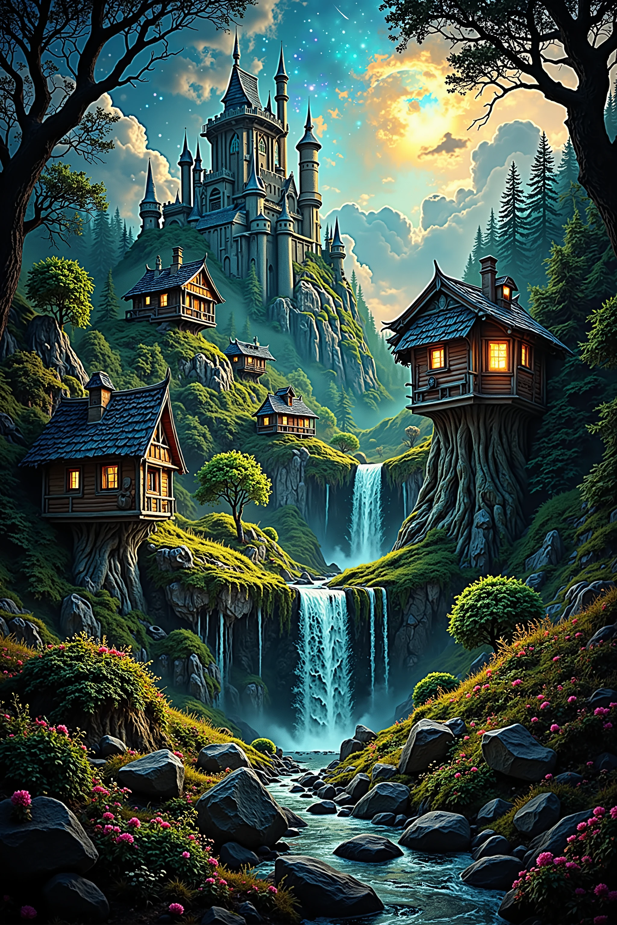 ((Masterpiece in maximum 16K resolution):1.6),((soft_color_photograpy:)1.5), ((Ultra-Detailed):1.4),((Movie-like still images and dynamic angles):1.3),((Wide cinematic lens):1.1). | ((Wide Cinematic shot of a magical dreamland):1.2), ((landscape filled with magical treehouses):1.1), ((cloud castle ):1.3), (wide cinematic lens), (tyndall effect), (waterfall and rainbow), (magical outdoor dress), (magical atmosphere), (shimmer), (visual experience) ,(Realism), (Realistic),award-winning graphics, dark shot, film grain, extremely detailed, Digital Art, rtx, Unreal Engine, scene concept anti glare effect, All captured with sharp focus. | Rendered in ultra-high definition with UHD and retina quality, this masterpiece ensures anatomical correctness and textured skin with super detail. With a focus on high quality and accuracy, this award-winning portrayal captures every nuance in stunning 16k resolution, immersing viewers in its lifelike depiction. | ((perfect_composition, perfect_design, perfect_layout, perfect_detail, ultra_detailed)), ((enhance_all, fix_everything)), More Detail, Enhance.