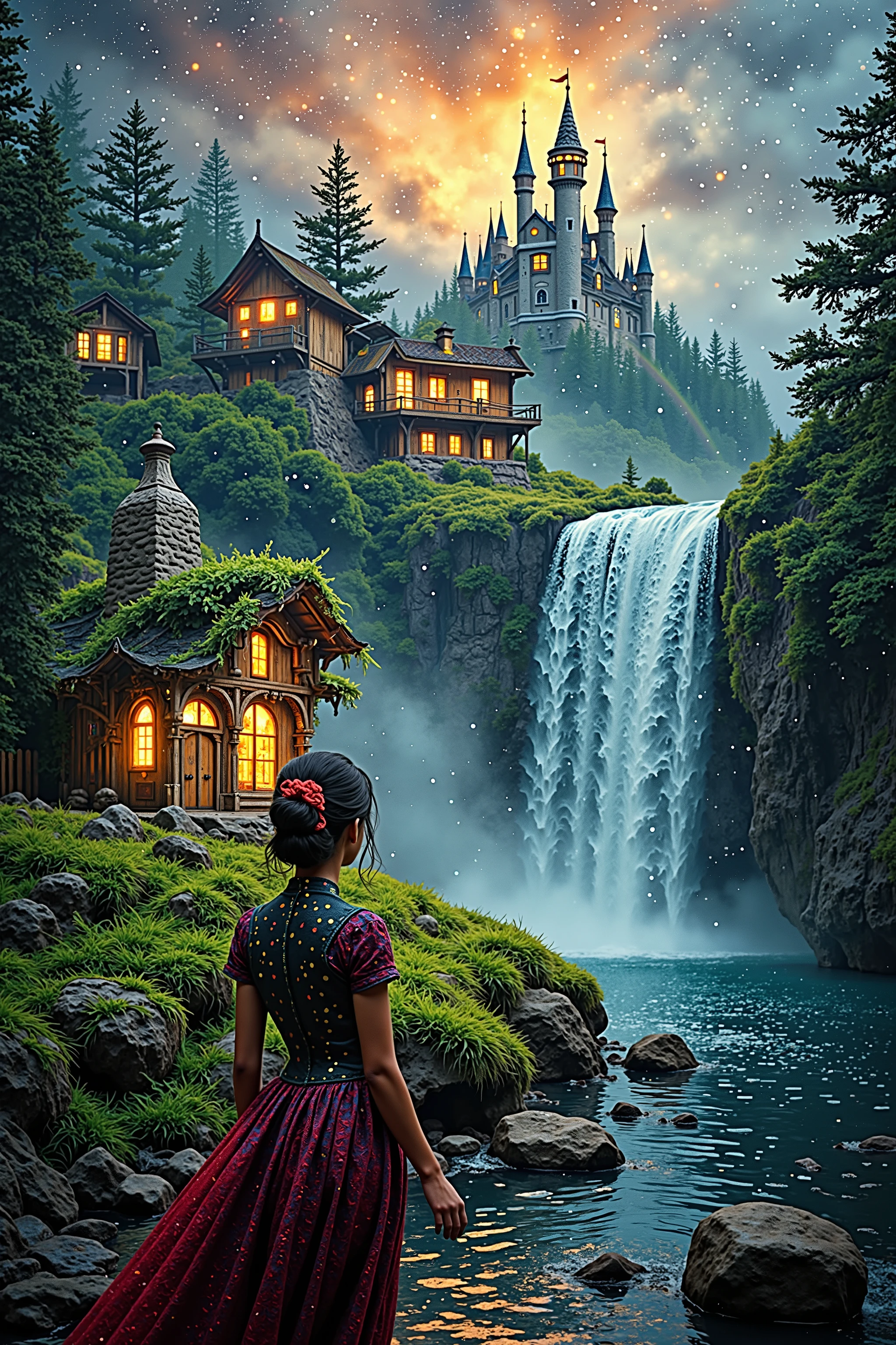 ((Masterpiece in maximum 16K resolution):1.6),((soft_color_photograpy:)1.5), ((Ultra-Detailed):1.4),((Movie-like still images and dynamic angles):1.3),((Wide cinematic lens):1.1). | ((Wide Cinematic shot of a magical dreamland):1.2), ((landscape filled with magical treehouses):1.1), ((cloud castle ):1.3), (wide cinematic lens), (tyndall effect), (waterfall and rainbow), (magical outdoor dress), (magical atmosphere), (shimmer), (visual experience) ,(Realism), (Realistic),award-winning graphics, dark shot, film grain, extremely detailed, Digital Art, rtx, Unreal Engine, scene concept anti glare effect, All captured with sharp focus. | Rendered in ultra-high definition with UHD and retina quality, this masterpiece ensures anatomical correctness and textured skin with super detail. With a focus on high quality and accuracy, this award-winning portrayal captures every nuance in stunning 16k resolution, immersing viewers in its lifelike depiction. | ((perfect_composition, perfect_design, perfect_layout, perfect_detail, ultra_detailed)), ((enhance_all, fix_everything)), More Detail, Enhance. 