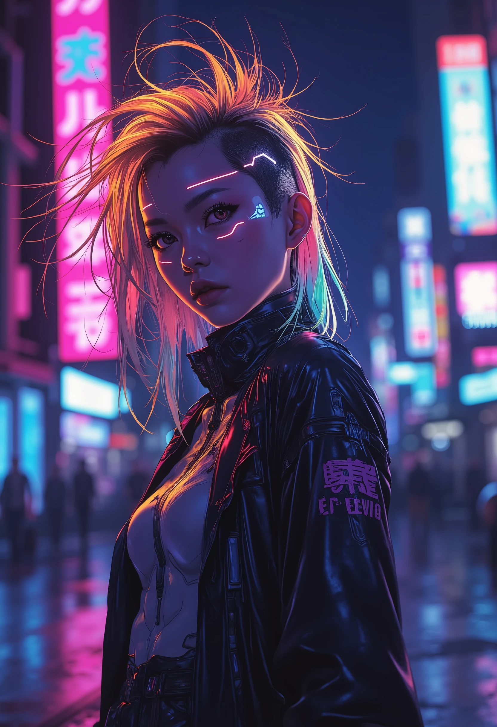 ((manga art style cowboy shot) of (perfect Asian cyberpunk girl))), (((dynamic pose))), ((LED lights)), (((extremely wild (punk hairstyle)))), ((manga drawing)), ((cinematic lighting)), ((chiaroscuro)), perfect features, abstract beauty, near perfection, pure form, concept art, intricate detail, 8k post-production, High resolution, super Detail, trending on ArtStation, sharp focus, studio photos.