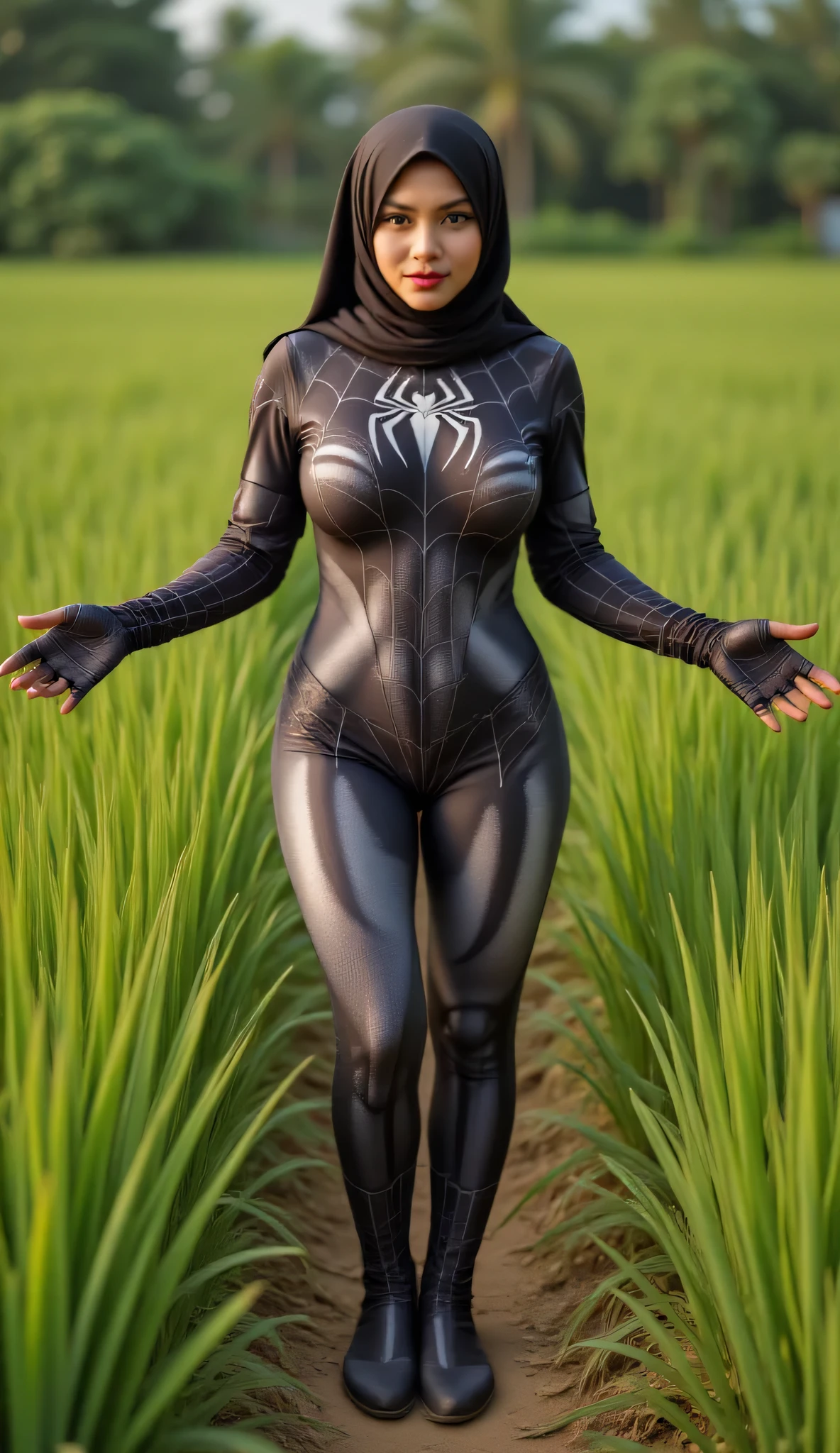 Indonesian hijab, beautiful face, 
black spiderwoman costume, big breasts, wide waisted, in rice fields, 4k, hdr, high resolution.