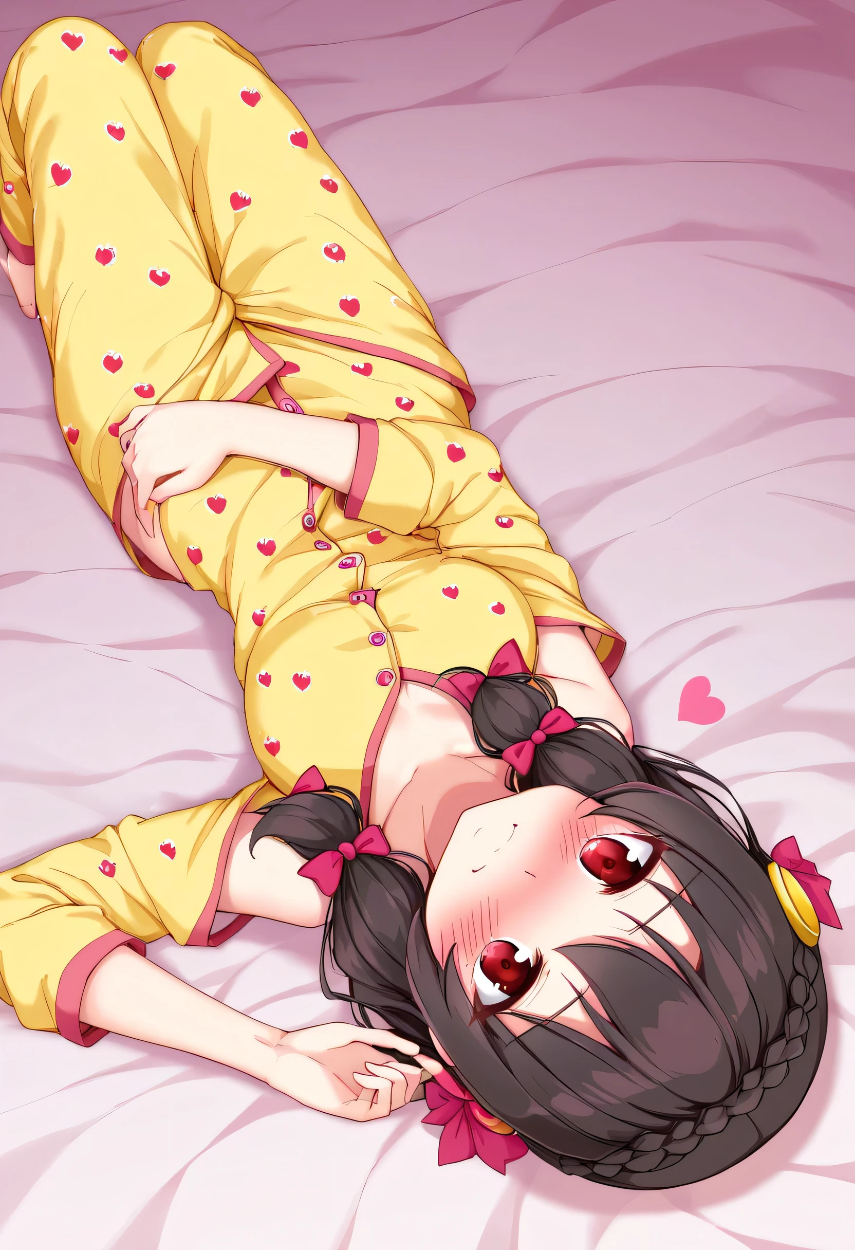 Yunyun、masterpiece, best quality , high resolution,(One person), Yunyun、 crown braid the same color as hair, black hair、 red eyes、 Hair Accessories , ( yellow pajamas with my shoulders out )、(blush)、( shy smile )、 view viewer、(I'm sticking only my face out of the futon :1.2)、(Lying sideways on a futon :1.2)、solo、 side view、(Duvet)、 Yan in focus、Seen from the horizontal 、♥️、♥️、Pink heart symbol