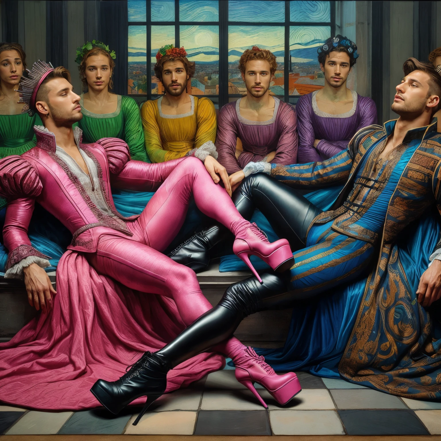 A pinkish white skinned man with pink underwear structure body natural red curly hair with witch hat,
very handsome sitting on a golden throne with two other young men by his side