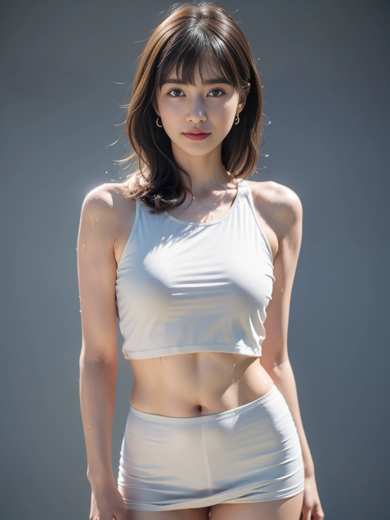 (Highly detailed body,Highly detailed face,Best quality at best:1.2) ,A woman who ,looki at viewer,Look to the lenlack bandeau,Skirt that wraps hips)(white backgrounid:1.2),