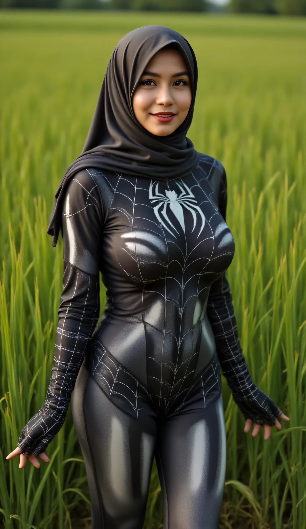 Indonesian hijab, beautiful face,
black spiderwoman costume, big breasts, wide waisted, in rice fields, 4k, hdr, high resolution.