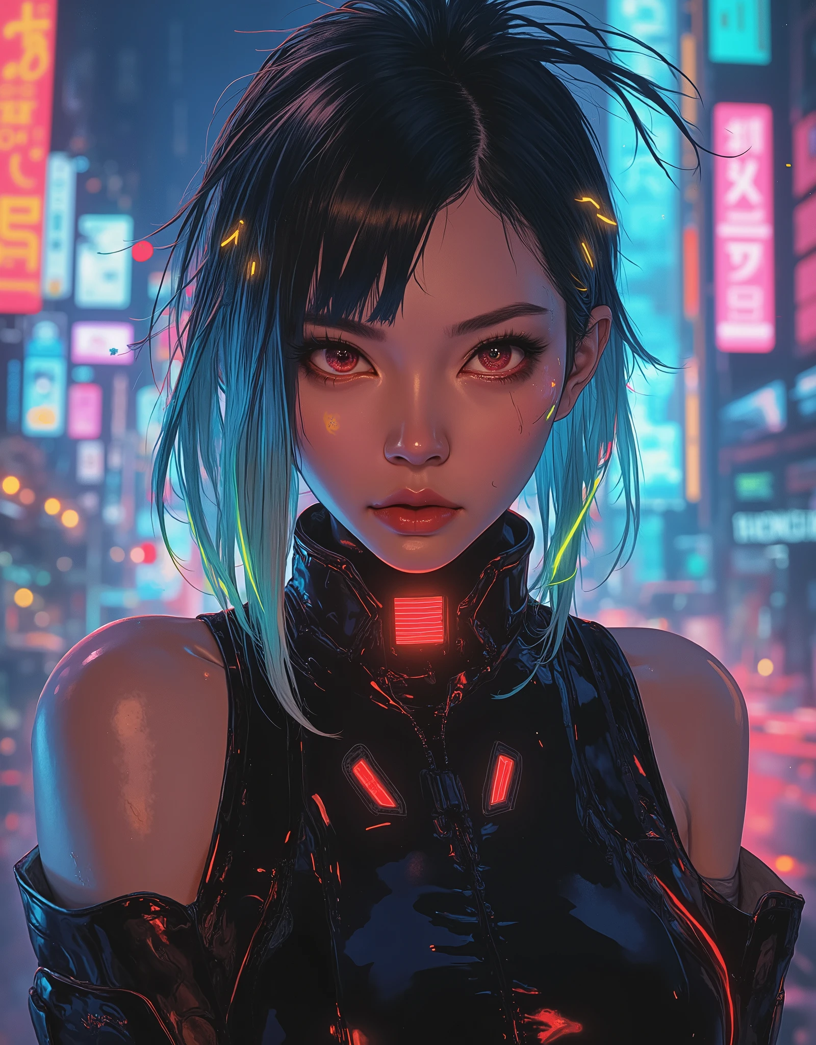 ((manga art style cowboy shot) of (perfect Asian cyberpunk girl))), (((dynamic pose))), ((LED lights)), (((extremely wild (punk hairstyle)))), ((manga drawing)), ((cinematic lighting)), ((chiaroscuro)), warm colours, perfect features, abstract beauty, near perfection, pure form, concept art, intricate detail, 8k post-production, High resolution, super Detail, trending on ArtStation, sharp focus, studio photos.