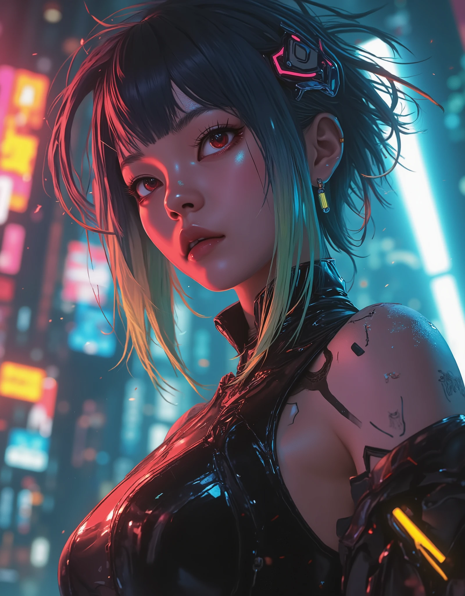 ((manga art style cowboy shot) of (perfect Asian cyberpunk girl))), (((dynamic pose))), ((LED lights)), (((extremely wild (punk hairstyle)))), ((manga drawing)), ((cinematic lighting)), ((chiaroscuro)), warm colours, perfect features, abstract beauty, near perfection, pure form, concept art, intricate detail, 8k post-production, High resolution, super Detail, trending on ArtStation, sharp focus, studio photos.
