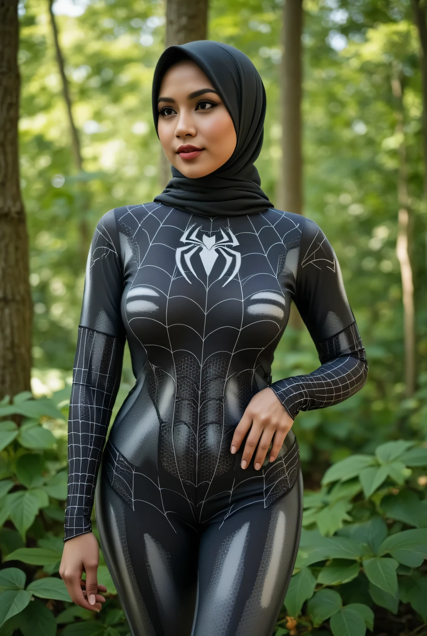 Indonesian hijab, beautiful face,
black spiderwoman costume, big breasts, wide waist, in the forest, 4k, hdr, high resolution.