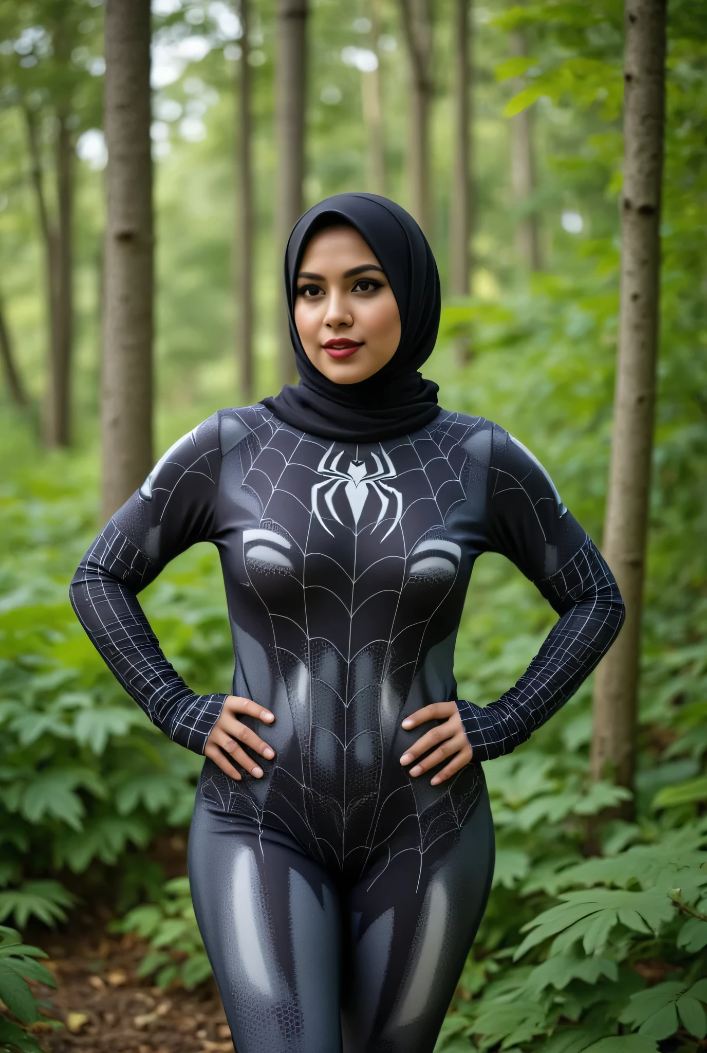 Indonesian hijab, beautiful face, 
black spiderwoman costume, big breasts, wide waist, in the forest, 4k, hdr, high resolution.