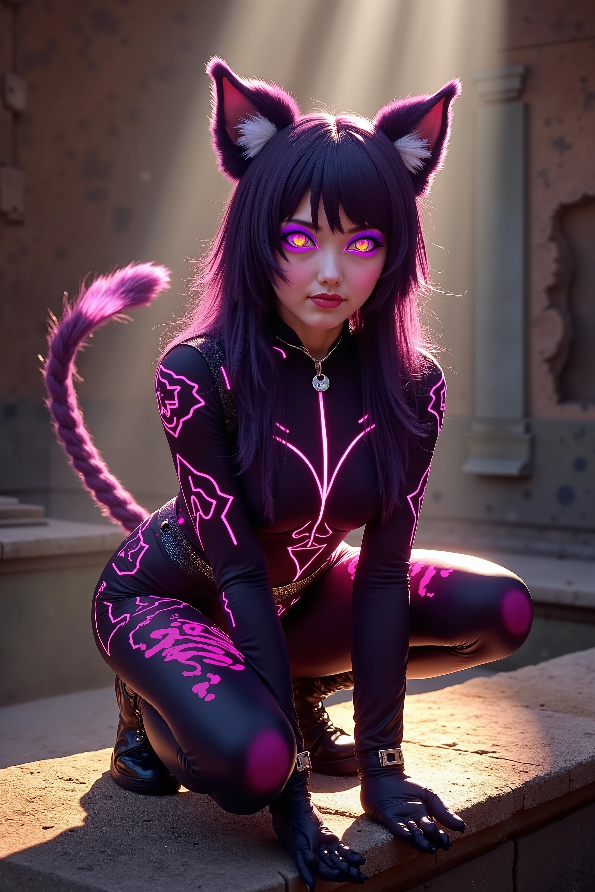quality and style :
(8k, HD, masterpiece: 1.3), ( ultra-detailed , realistic cosplay aesthetics, bright colors , soft textures , playful style , ishly naive wild charisma, Dramatic Light).
character design:
realistik photo of a Junge Frau looking like Delta from the anime Serie 'eminence in shadow', with long, unbridled , dark purple hair, bushy animal ears and a fluffy , twitching tail , Who moves restlessly back and forth .
size, bright purple eyes , that literally sparkles with curiosity and ish restlessness , with a slightly wry smile and a whiff of Exuberance .
Outfit:
A narrow, futuristic suit in black with neon pink , pulsating patterns, which flow across the fabric like veins of energy , to match their tireless energy .
small, playful details such as neon buckles or tiny pendants , that clink with every movement .
scene and background:
A mystical , crumbling cave or ruins , crossed by shimmering , golden sunlight , that accentuates her ish energy like a glowing aura .
The backdrop appears mysterious and friendly at the same time , with soft rays of light , that highlights the innocence and restlessness of the character .
Mood and pose:
She squats on a ledge , the tail beats excitedly back and forth , while she prevents herself with excessive enthusiasm , as if they couldn't stay still for a second .
Her facial expression is a mix of exuberant curiosity and playful cockiness, what a restless , emits like naive energy .