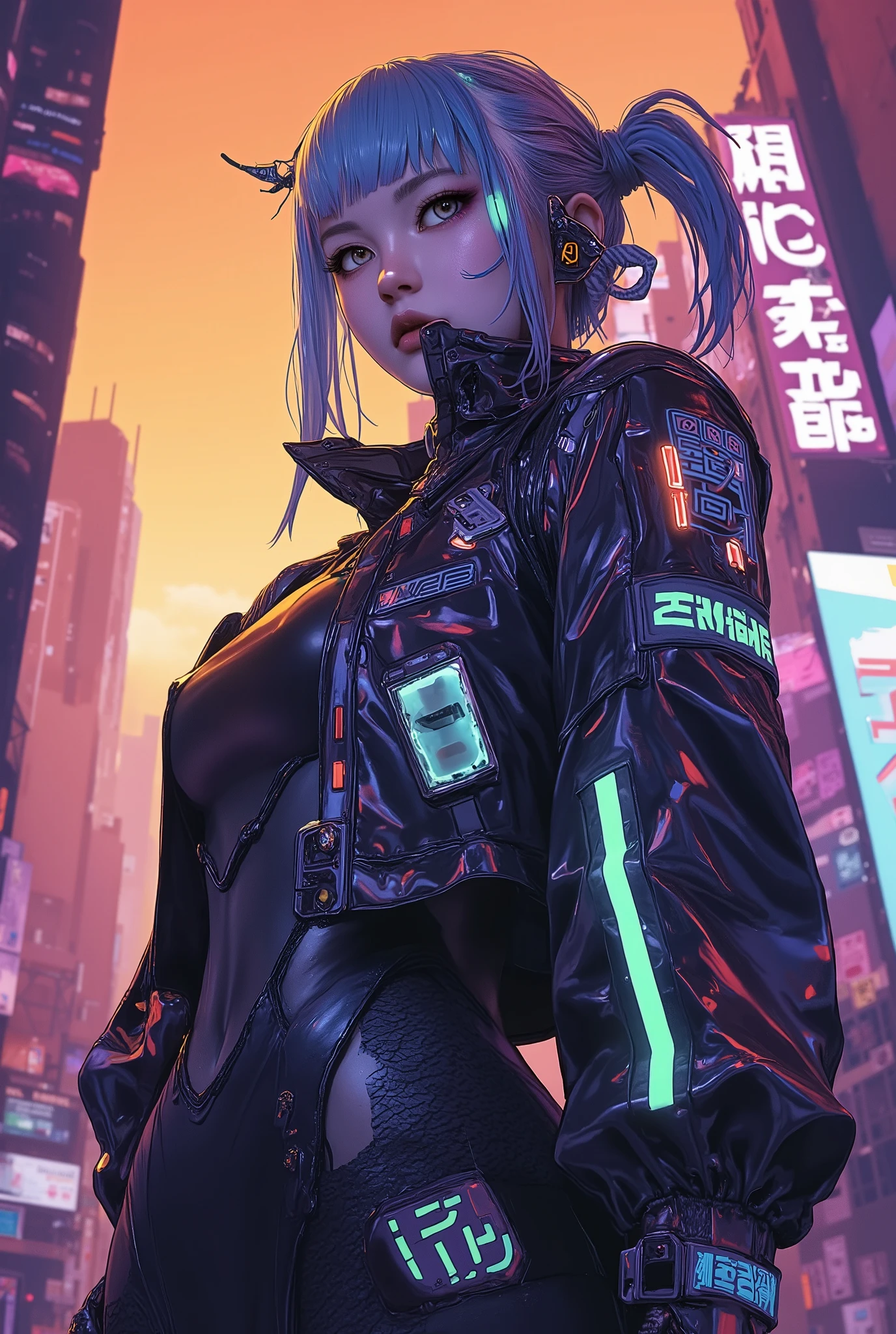 ((manga art style cowboy shot) of (perfect Asian cyberpunk girl wearing detailed Harajuku clothing))), (((dynamic pose))), ((LED lights)), (((extremely wild (punk hairstyle)))), ((manga drawing)), ((cinematic lighting)), ((chiaroscuro)), warm colours, perfect features, abstract beauty, near perfection, pure form, concept art, intricate detail, 8k post-production, High resolution, super Detail, trending on ArtStation, sharp focus, studio photos.
