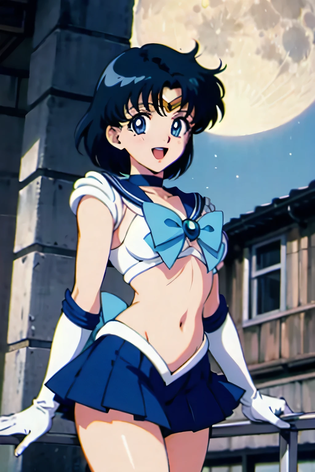 (masterpiece), 1girl, solo, perfect sexy female body, ((sleeveless)), anime screencap,1990s \(style\), (art by Naoko Takeuchi), rooftop, skyline, night, fog, starry sky, full moon, bishoujo senshi sailor moon, EPsmSailorMercury, short hair, blue hair, blue eyes, skirt, white gloves, cowboy shot, tiara, choker, solo, pleated skirt, blue skirt, smile, gloves, circlet, blue choker, open mouth, elbow gloves, sailor collar, back bow, sailor senshi uniform, jewelry, bow, blue bow, magical girl, blue sailor collar