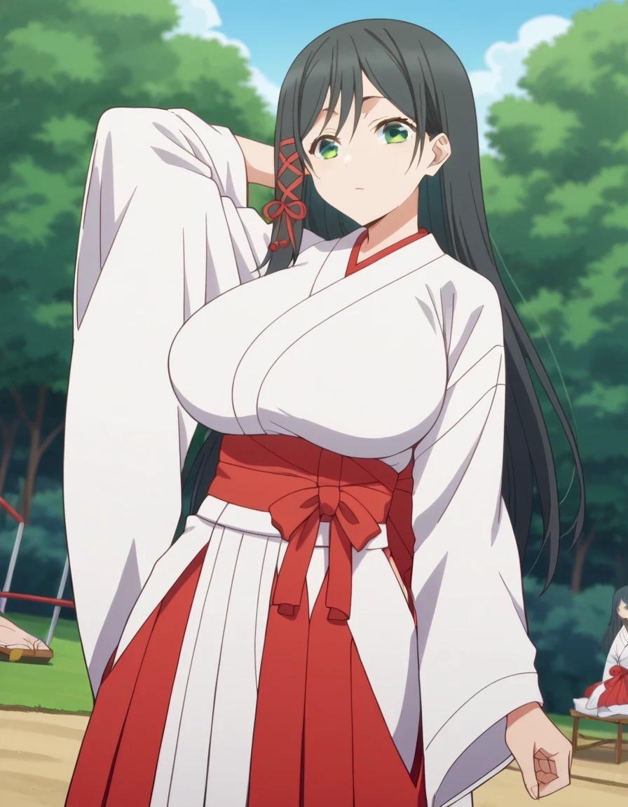 score_9, score_8_up, score_7_up, source_anime, yae amagami, long hair, bangs, huge breasts, black hair, ribbon, green eyes, hair ribbon, anime screencap,, skirt, long sleeves, japanese clothes, wide sleeves, kimono, hakama, hakama skirt, white kimono, miko, red hakama,, playground, swings, slides, ren, outdoors, , hand behind head, , looking at viewer, solo,, dutch angle, cowboy shot